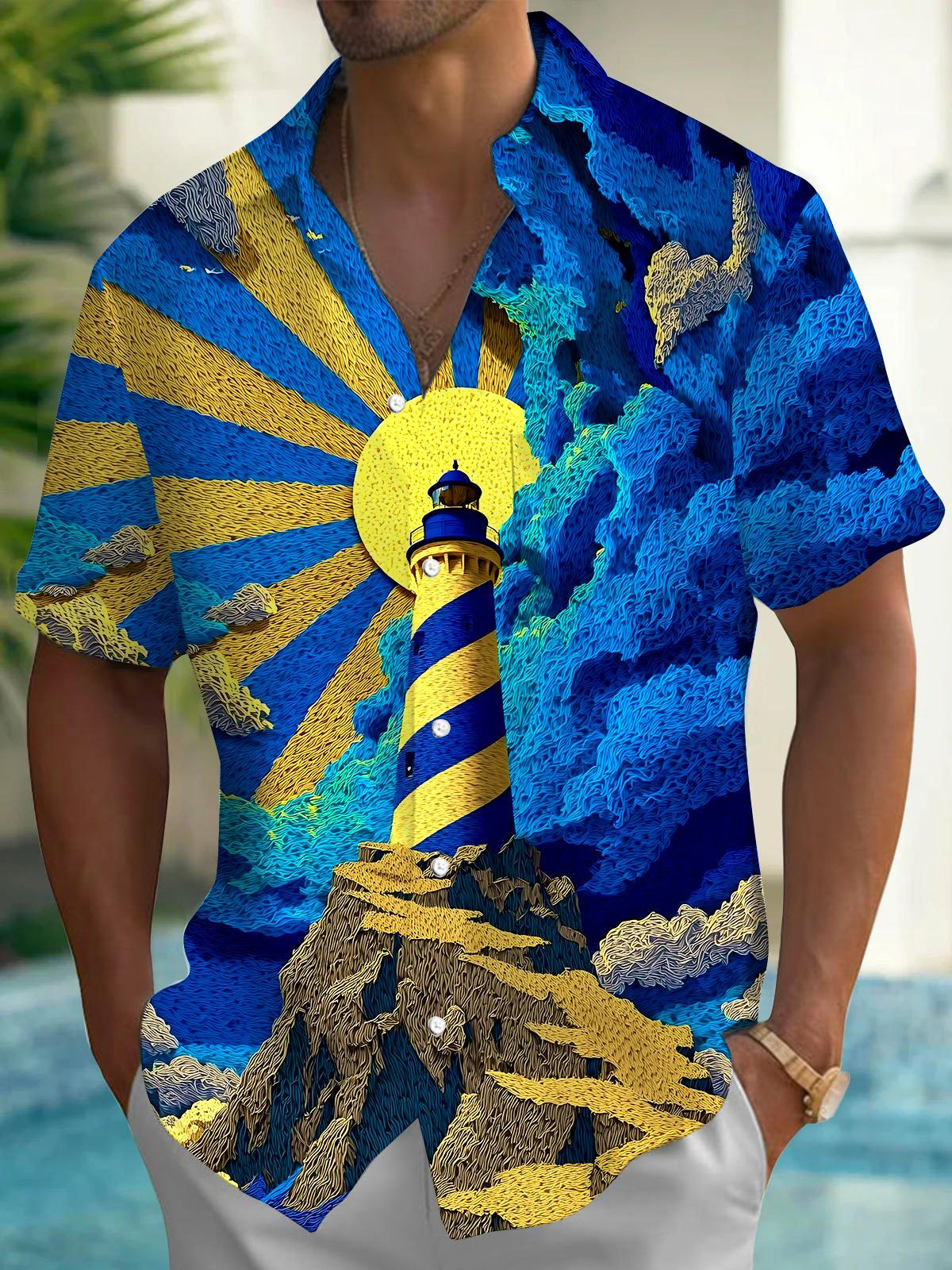 Lighthouse Print Men's Pocket Short Sleeve Shirts