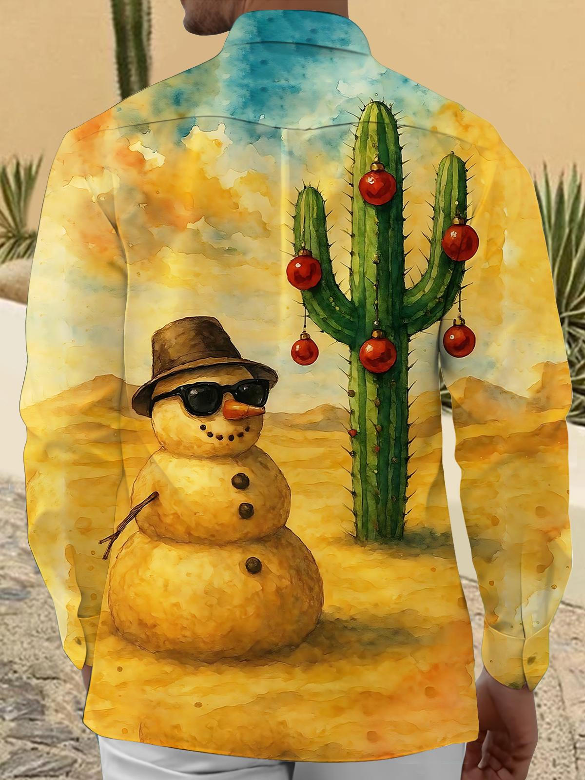Cactus Snowman PrintMen's Pocket Long Sleeve Shirts