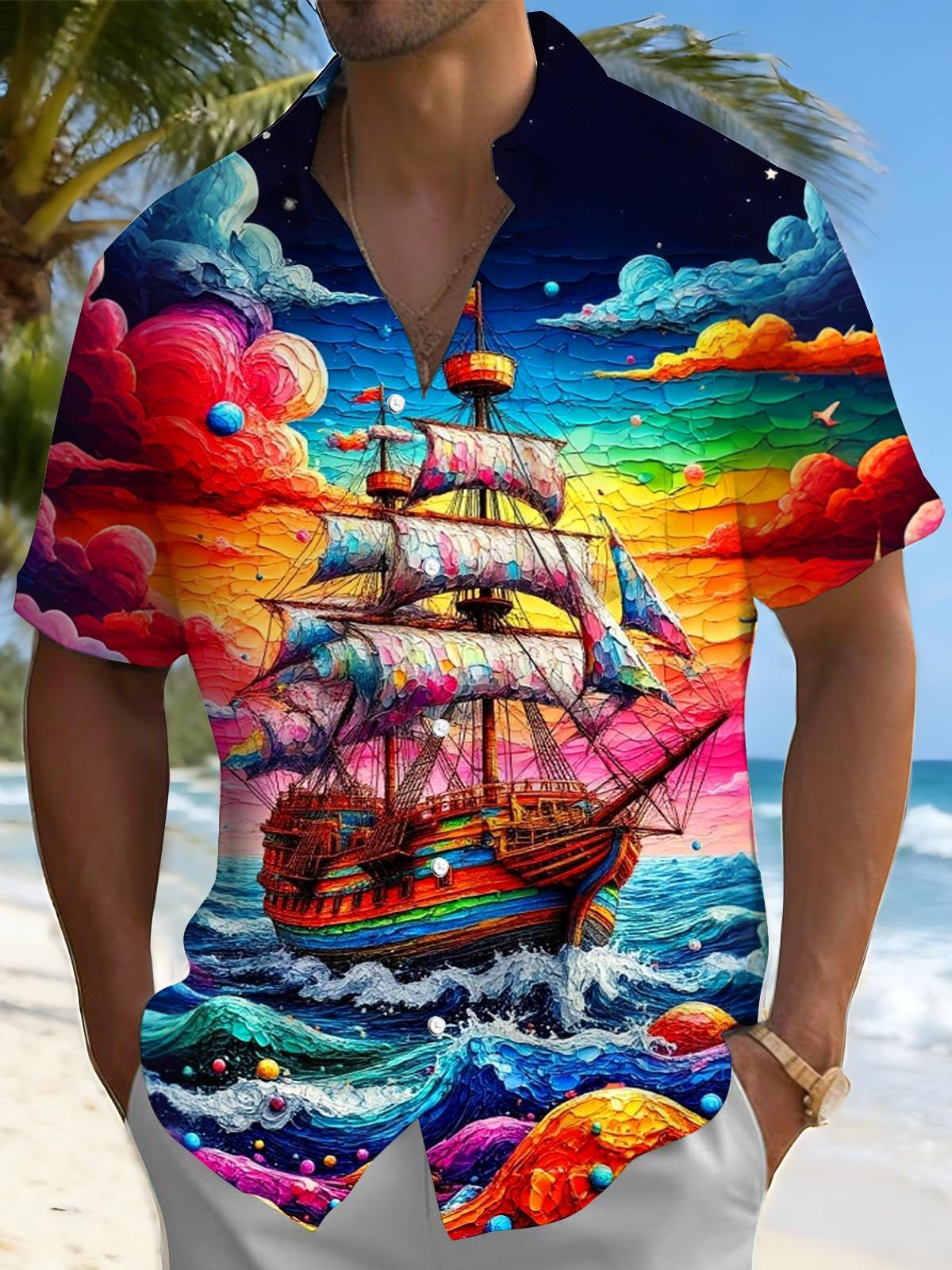 Sailboat Art Print Men's Pocket Short Sleeve Shirts