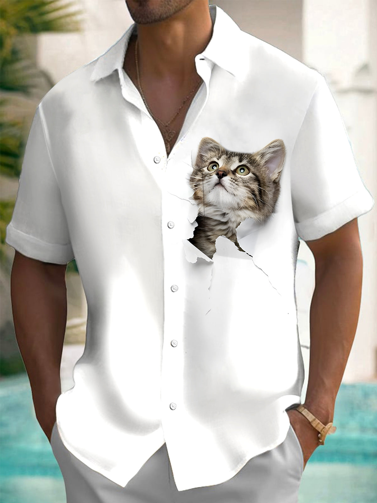 Cat Print Men's Pocket Short Sleeve Shirts