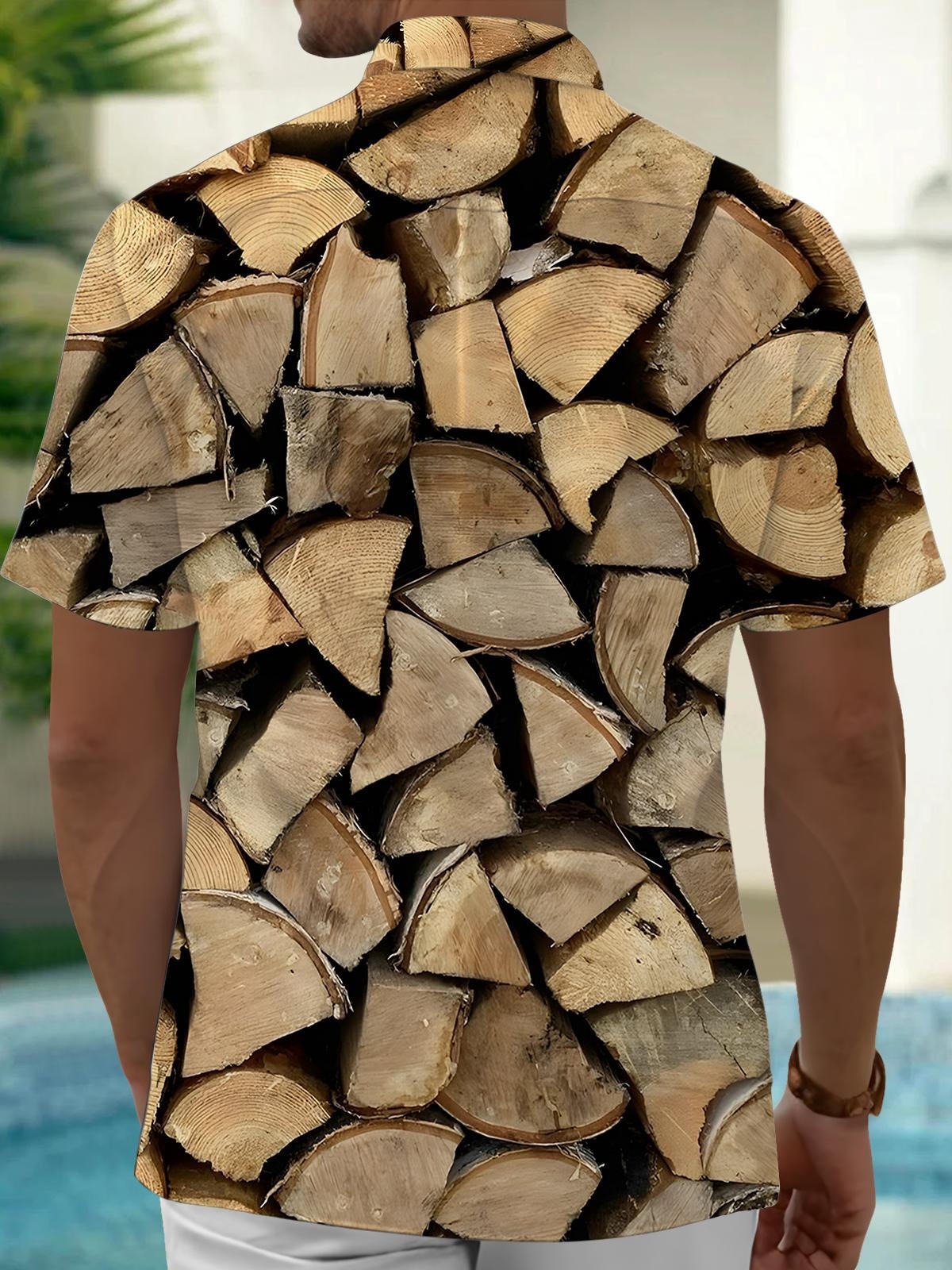 Wood Print Men's Pocket Short Sleeve Shirts