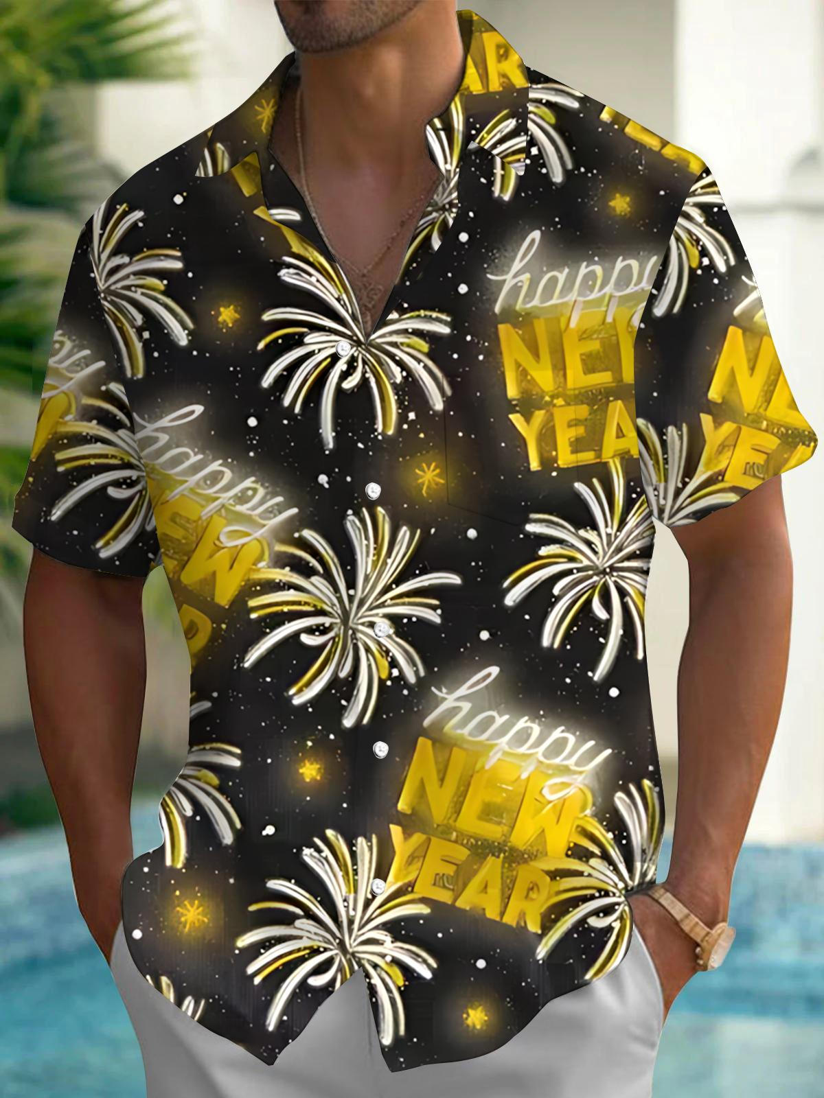 New Year Firework Print Men's Pocket Short Sleeve Shirts