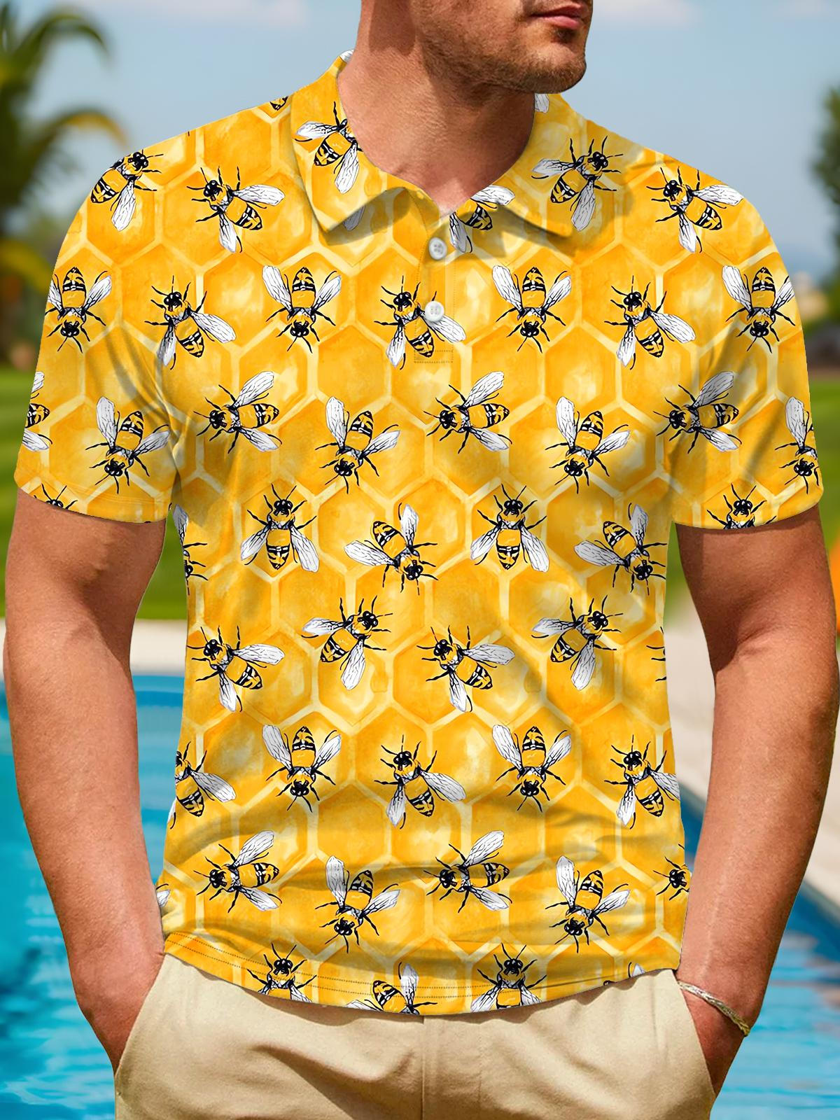Bee Print Men's Short Sleeve Button Polo Shirt