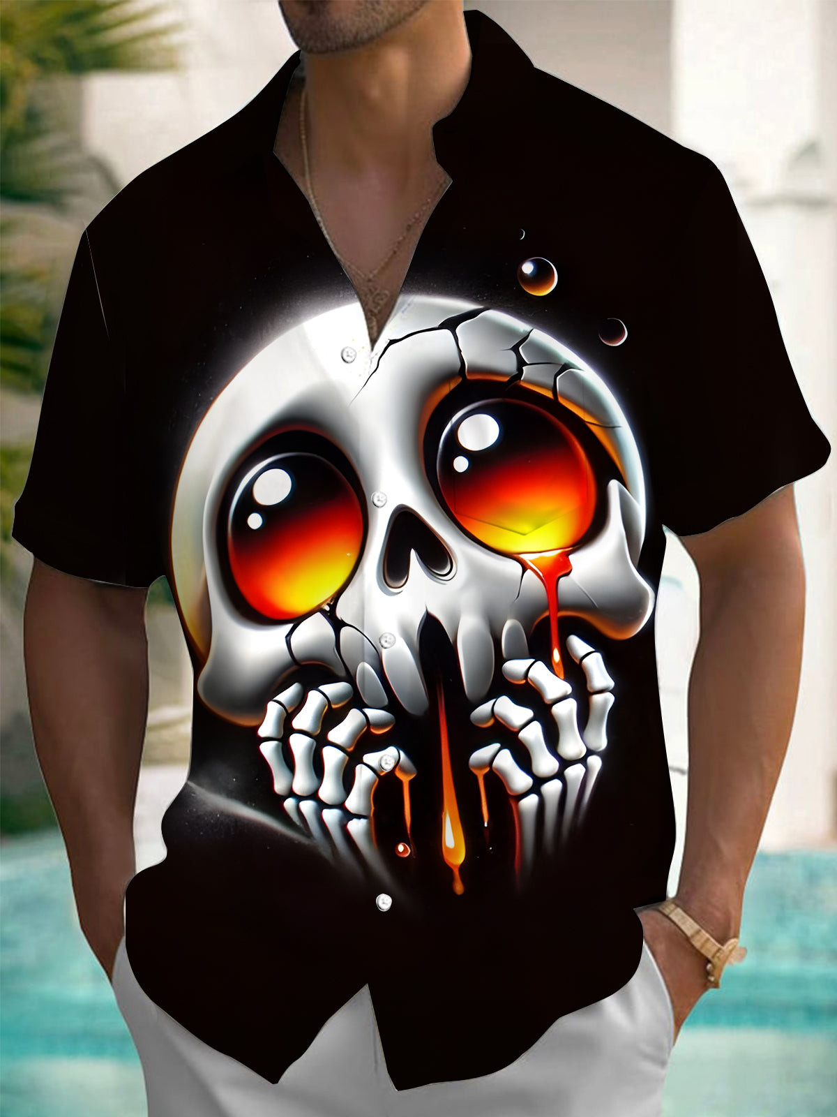 Skull Print Men's Pocket Short Sleeve Shirts