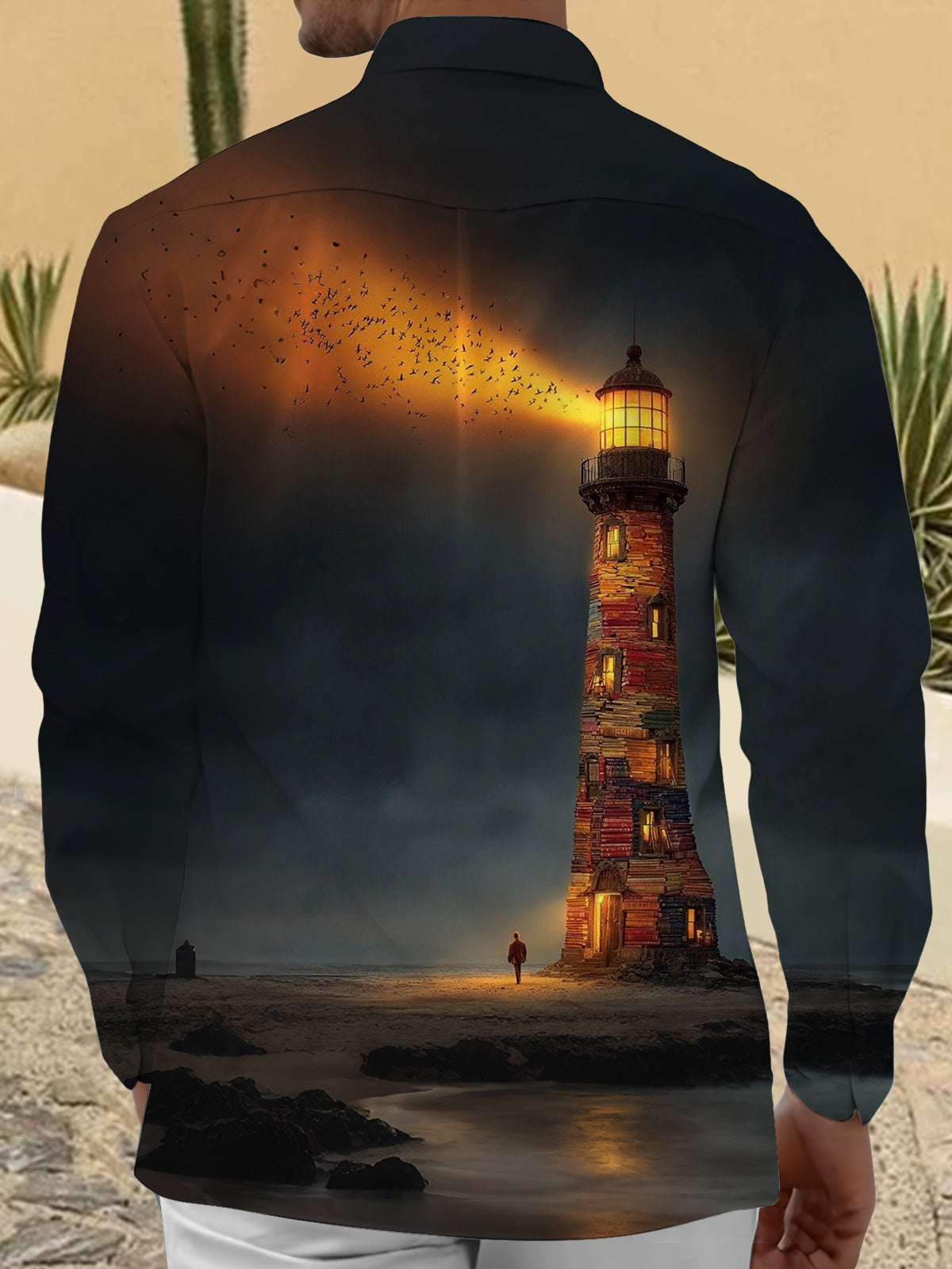Lighthouse Print Men's Pocket Long Sleeve Shirts