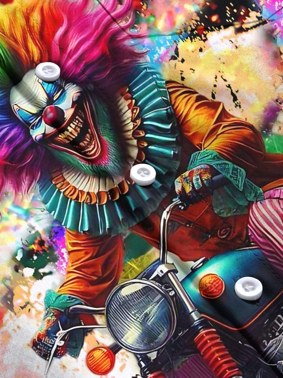 Clown Motorcycle Print Men's Pocket Long Sleeve Shirts