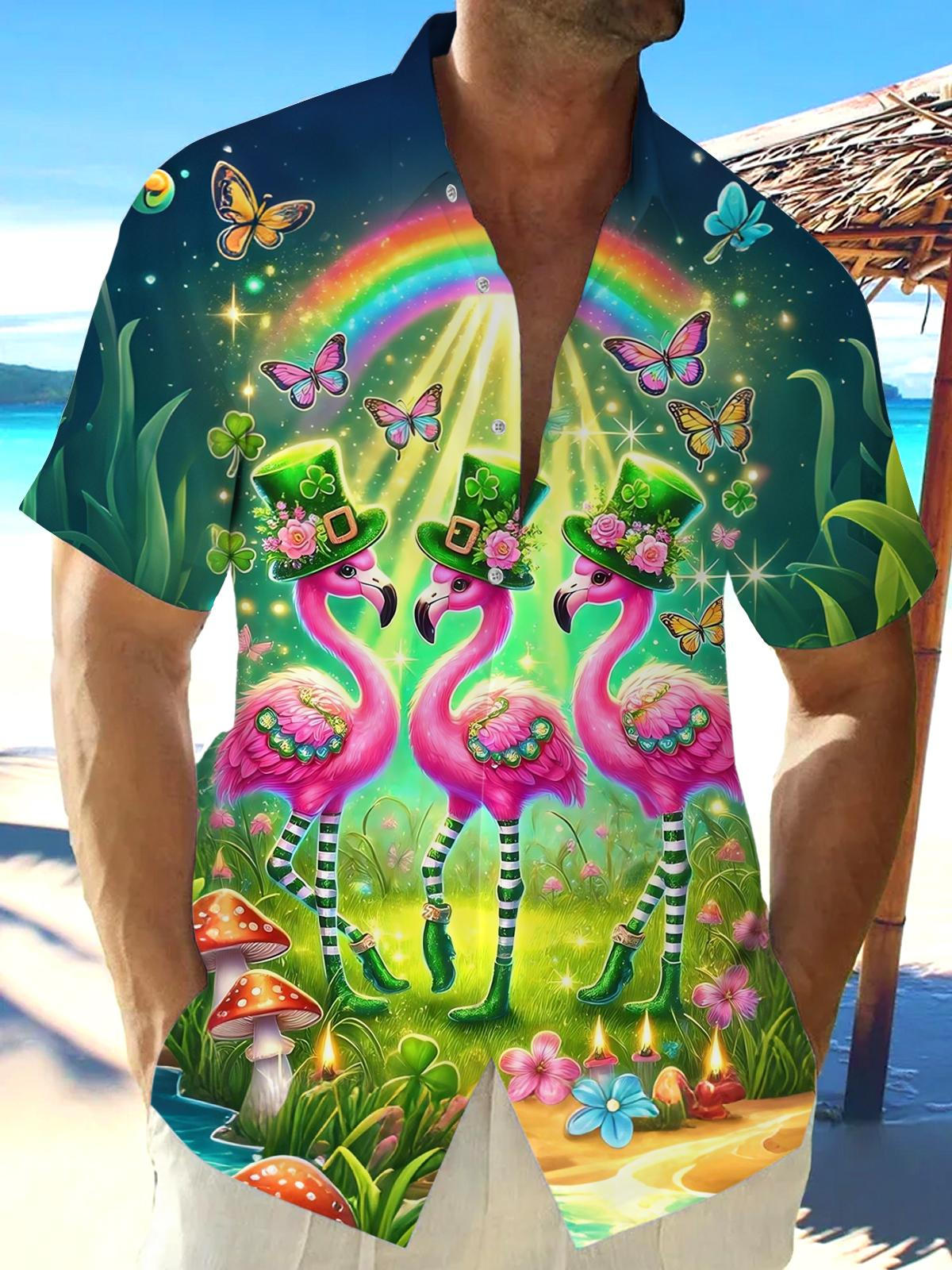 St. Patrick's Flamingo Print Men's Pocket Short Sleeve Shirts