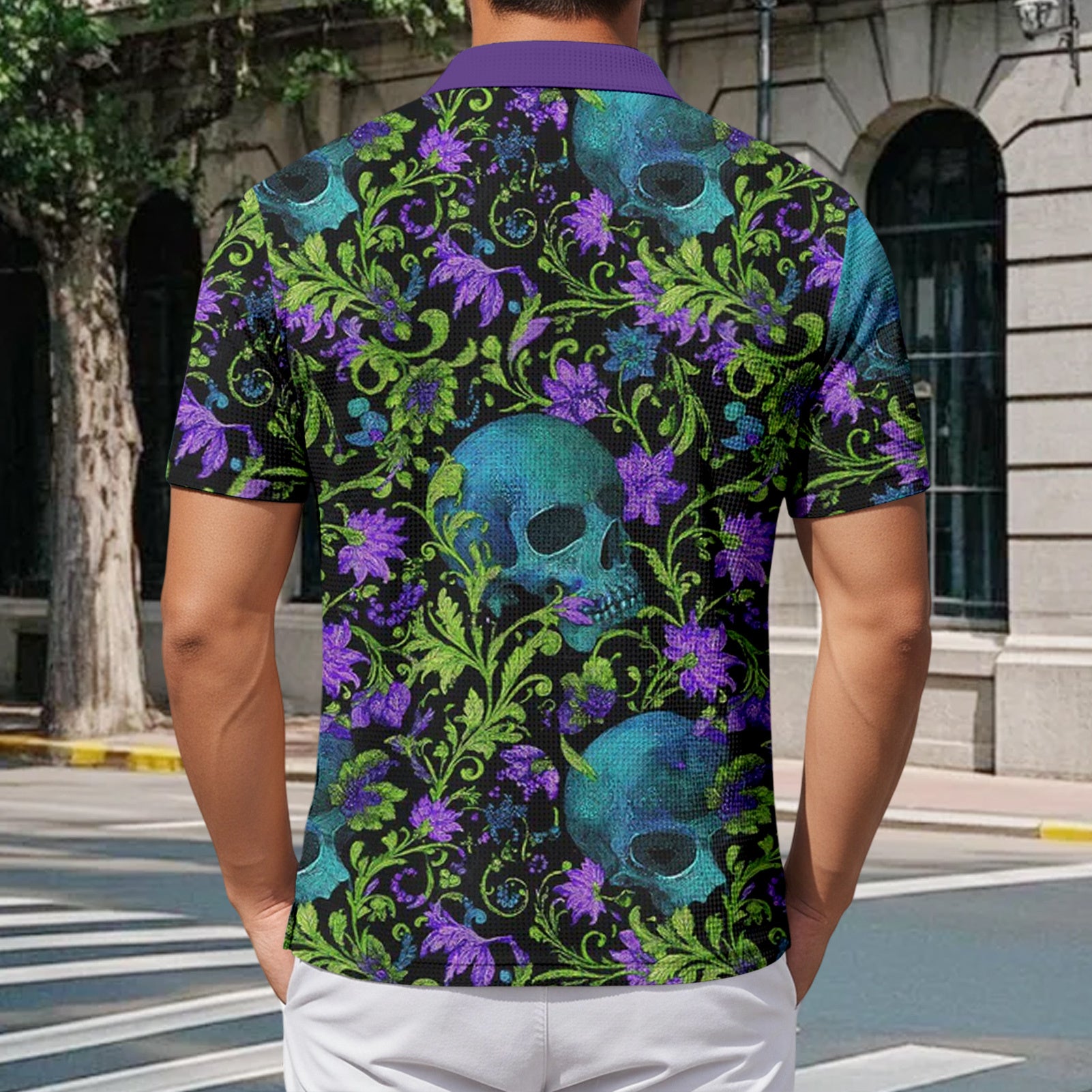 Skull Collared Tee Shirt for Men Waffle Floral Summer Short Sleeve Fashion Button Graphic Tee Shirt for Beach consistent