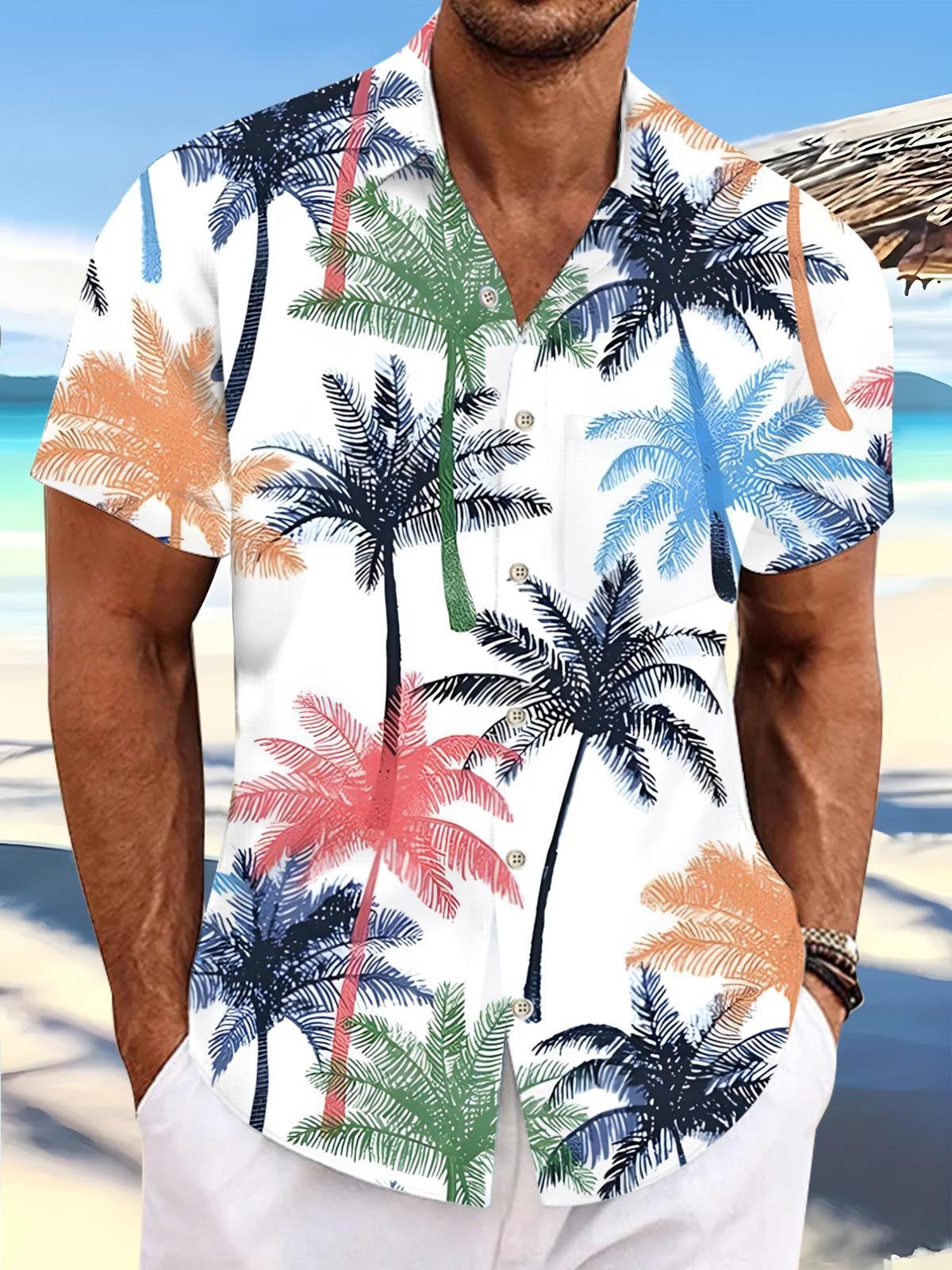 Coconut Tree Print Men's Pocket Short Sleeve Shirts