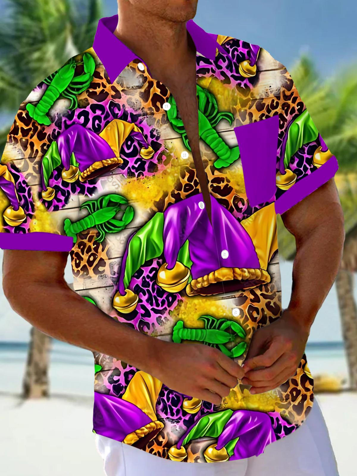 Mardi Gras Print Men's Pocket Short Sleeve Shirts