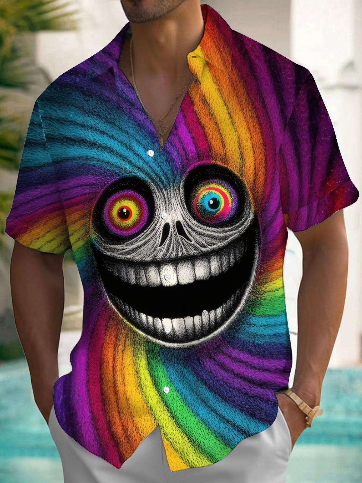 Funny Skull Print Men's Pocket Short Sleeve Shirts