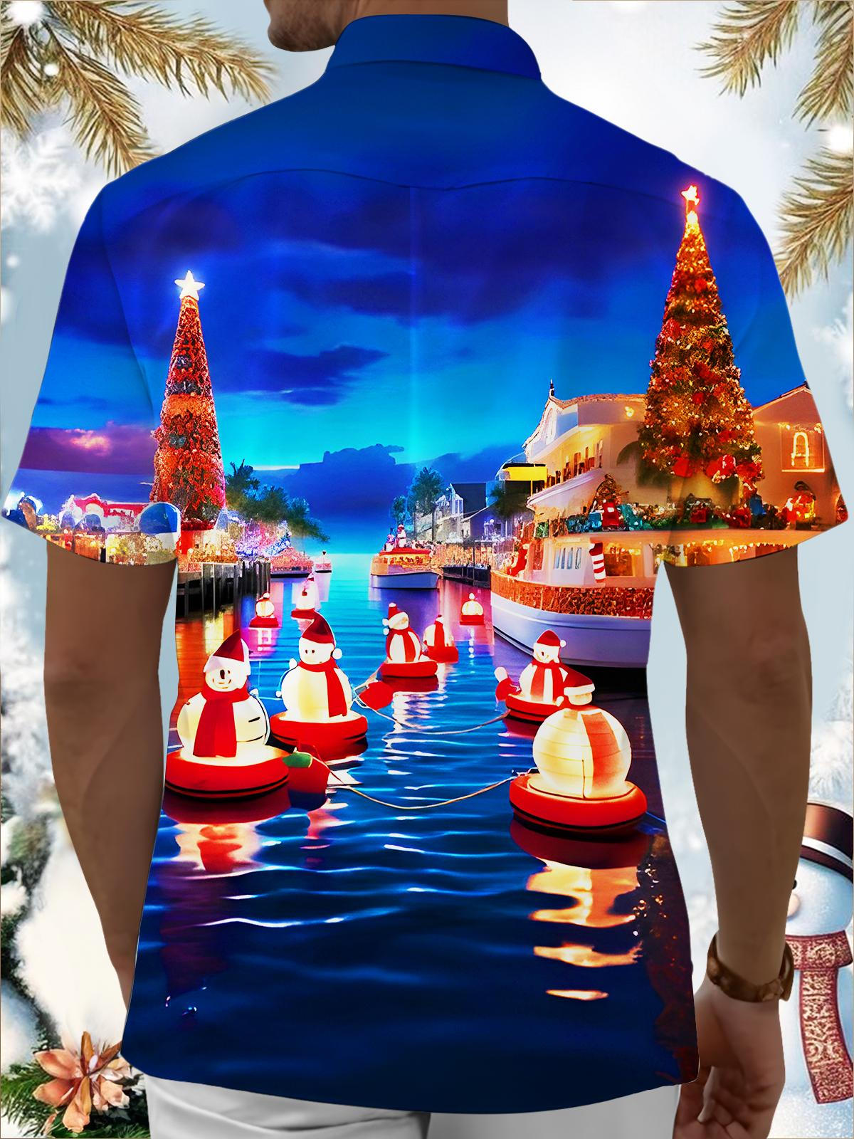 Fun Christmas Tree Snowman Ships Xmas Men's Pocket Short Sleeve Shirts