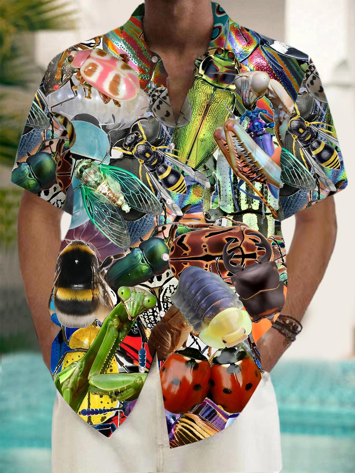 Insect Print Men's Pocket Short Sleeve Shirts