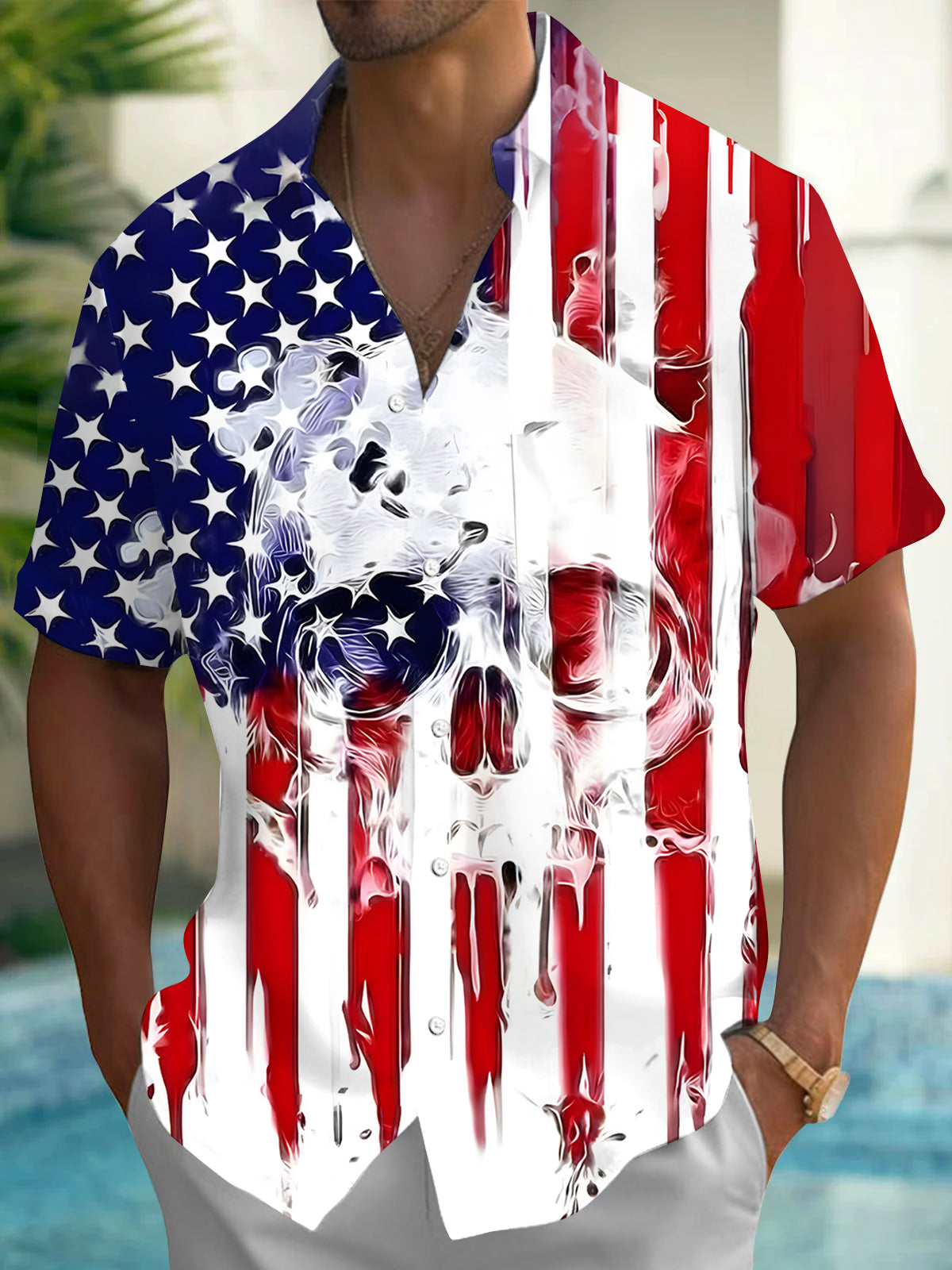 American Flag Skull Men's Pocket Short Sleeve Shirts