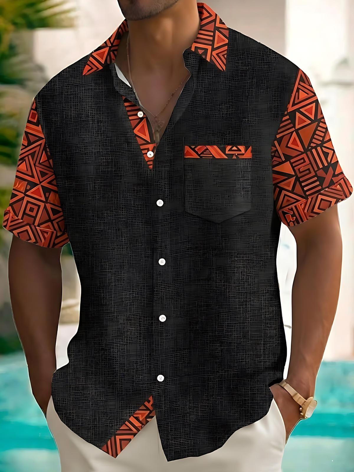 Vintage Geometric Print Men's Pocket Short Sleeve Shirts