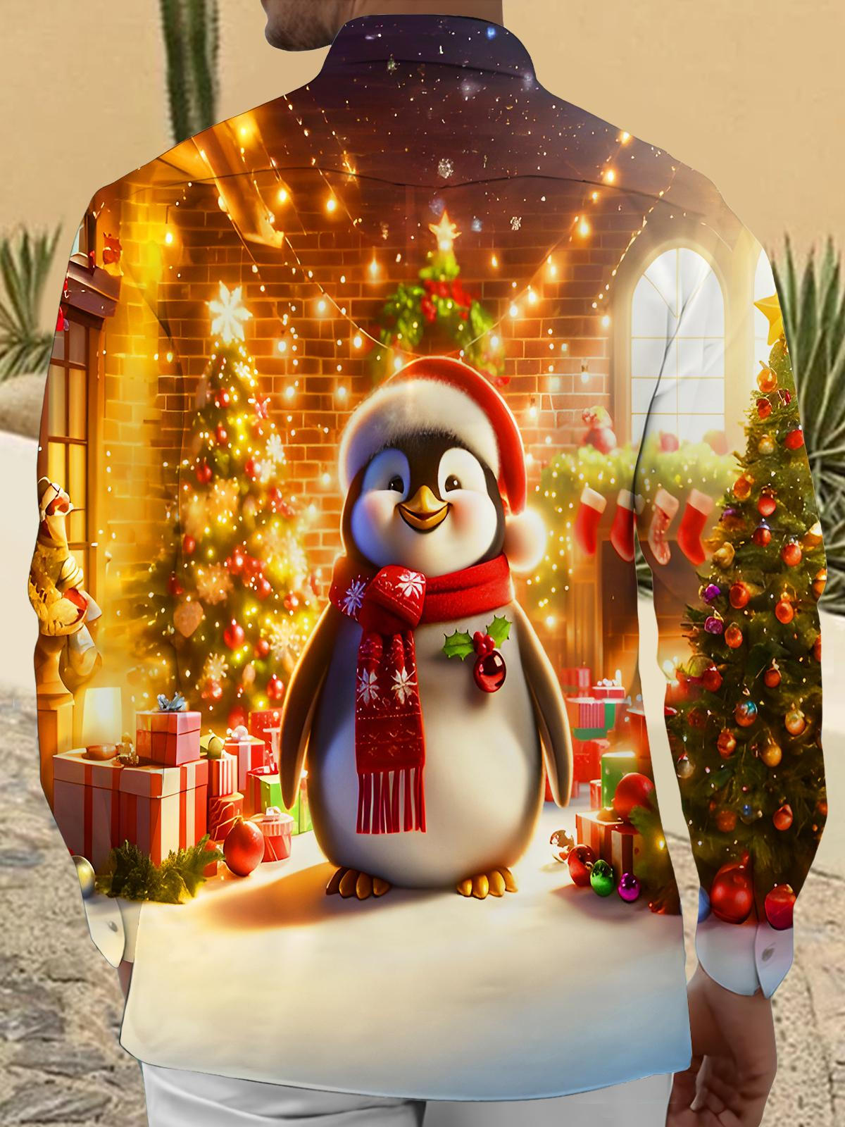 Funny Christmas Penguins Men's Pocket Long Sleeve Shirts