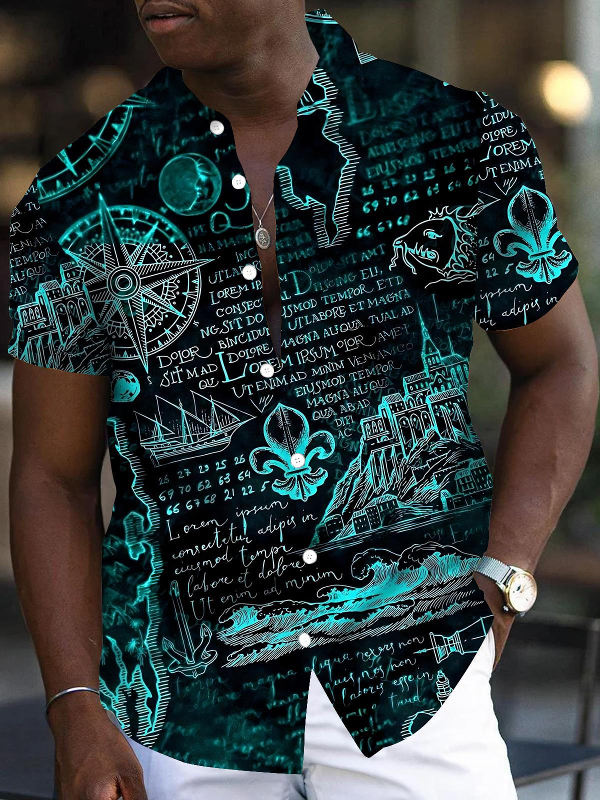 Nautical Map Compass Print Men's Pocket Short Sleeve Shirts