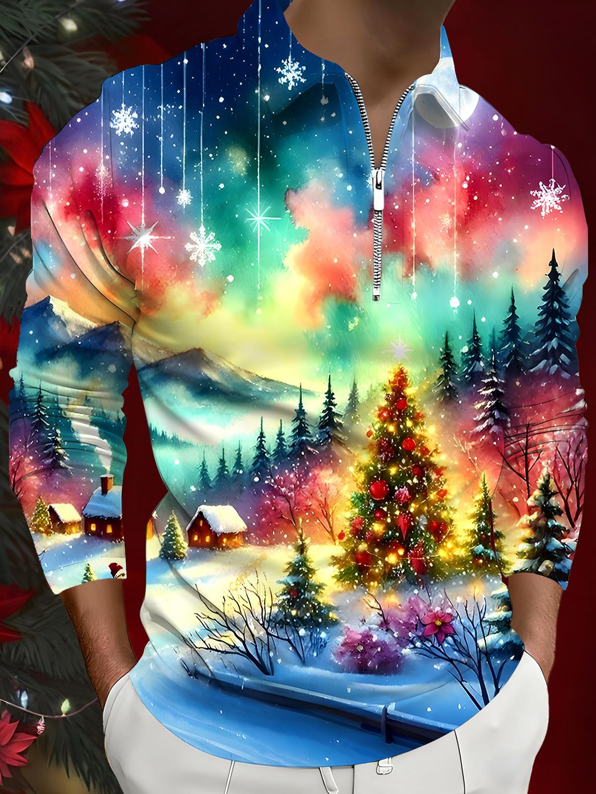 Tie Dye Christmas Tree Men's Long Sleeve Zipper Polo