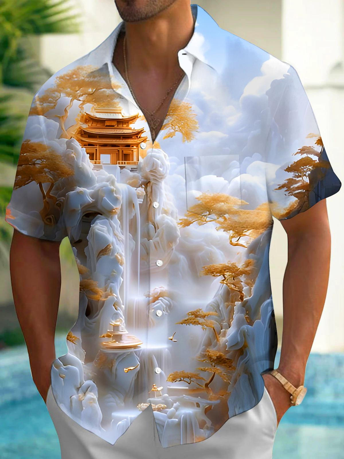 Layers Landscape Trees Courtyard Men's Pocket Short Sleeve Shirts