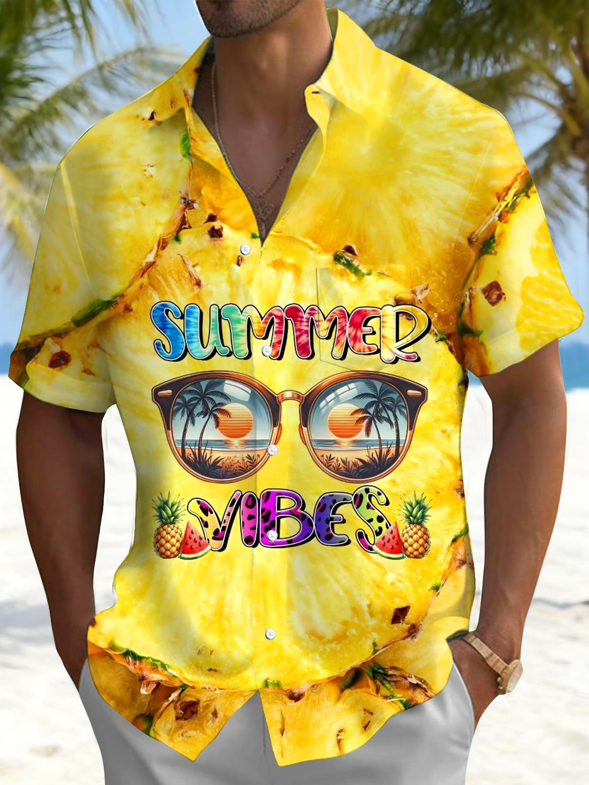 Hawaiian Pineapple Sunglasses Print Men's Pocket Short Sleeve Shirts