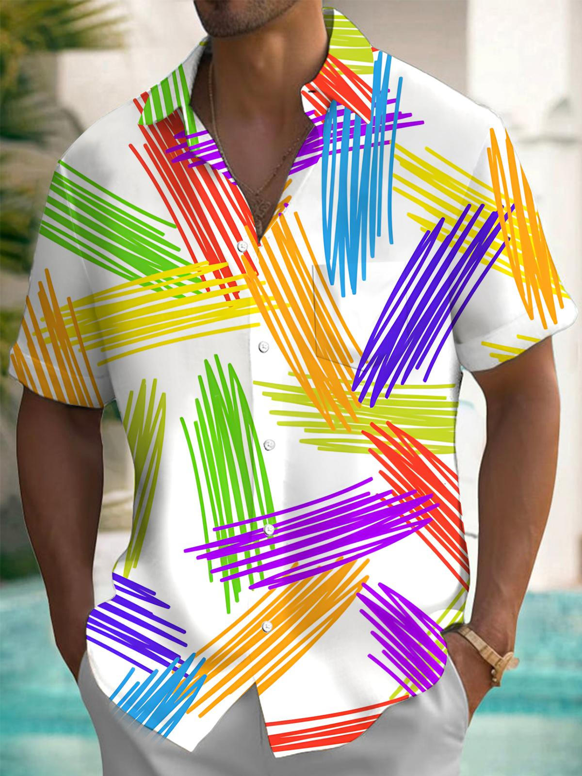 Colorful Geometric Line Print Men's Pocket Short Sleeve Shirts