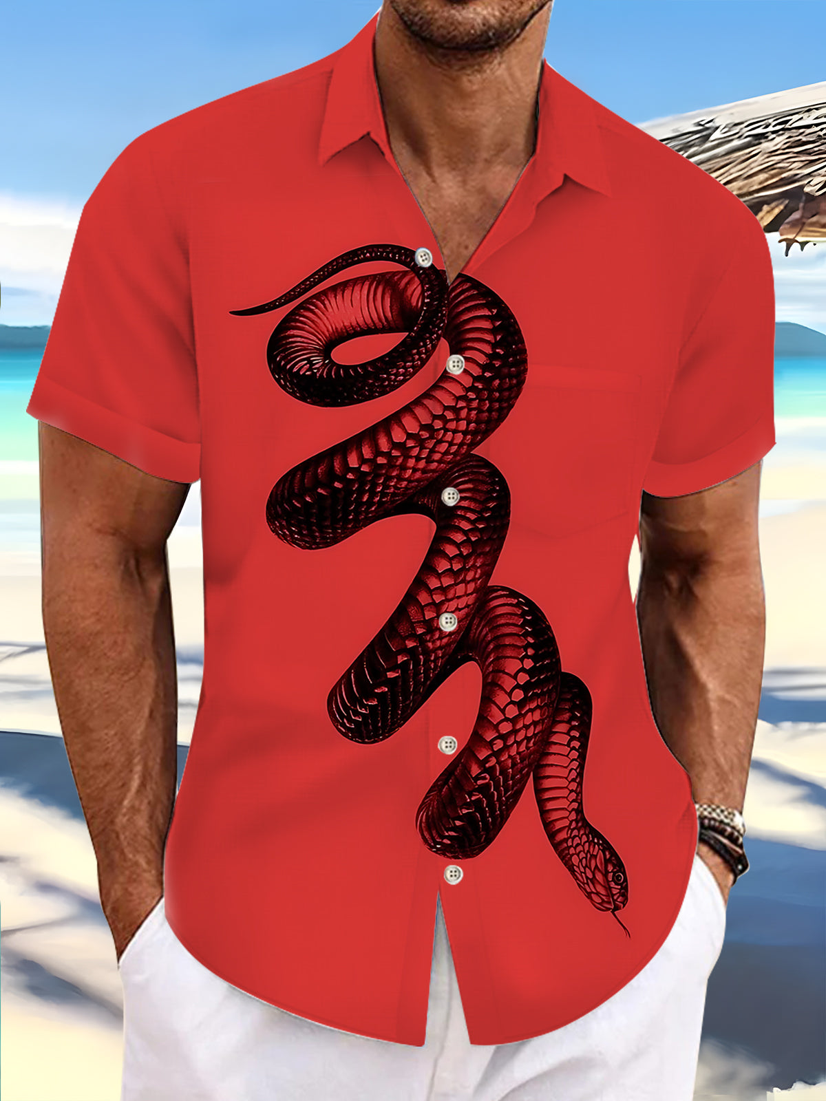 Snake Print Men's Pocket Short Sleeve Shirts