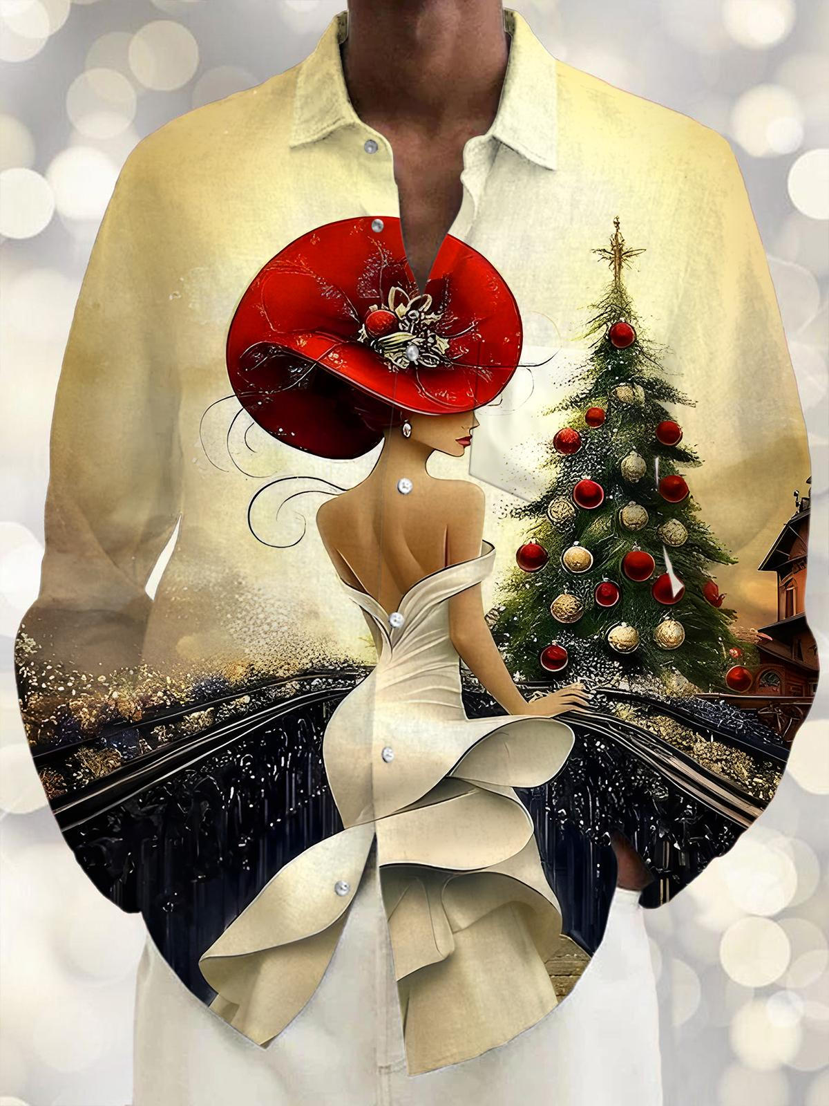 Retro Beauty Gazes At Christmas Tree Xmas Men's Pocket Long Sleeve Shirts