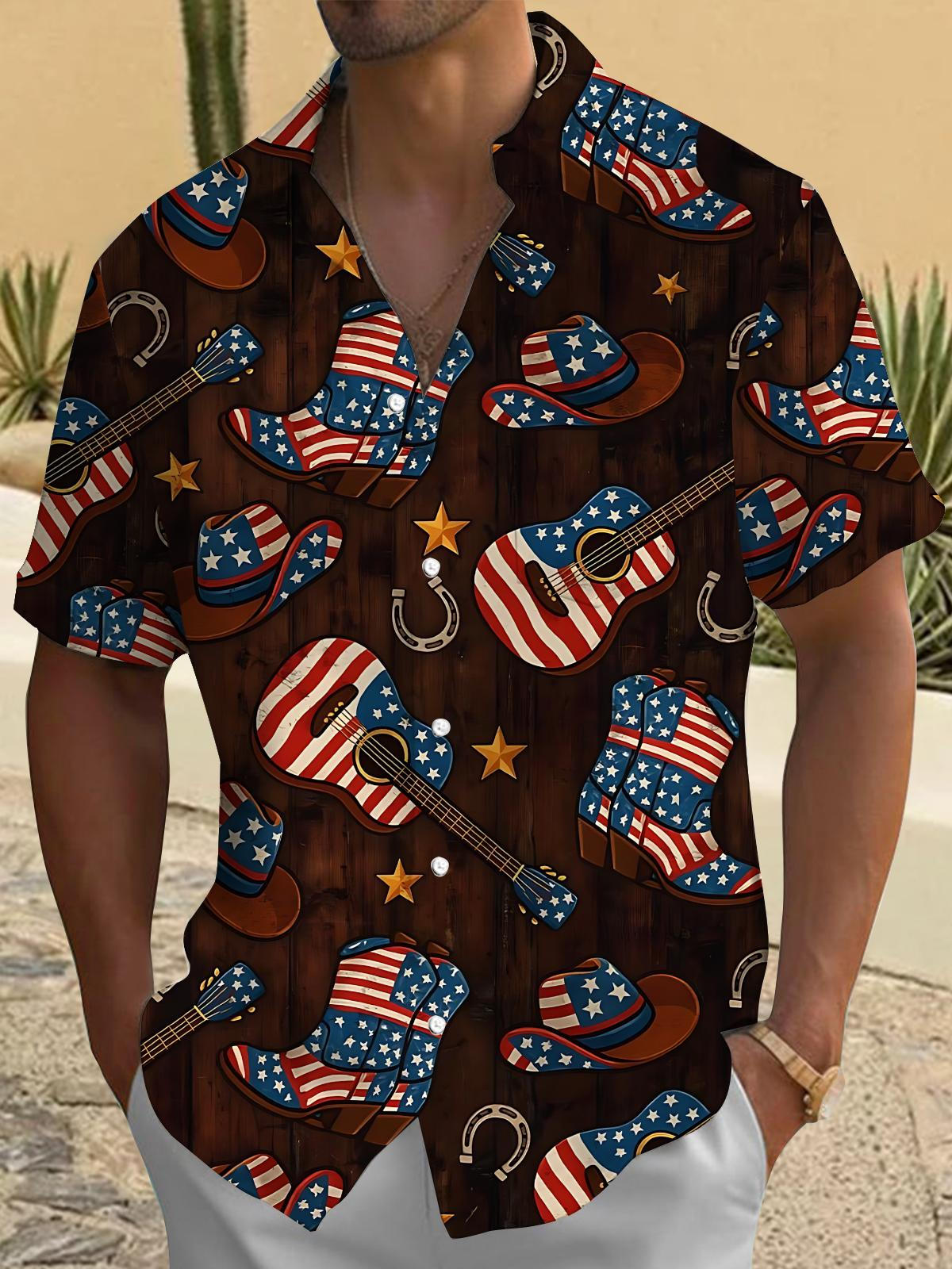 American Flag Guitar Cowboy Boots Print Men's Pocket Short Sleeve Shirts
