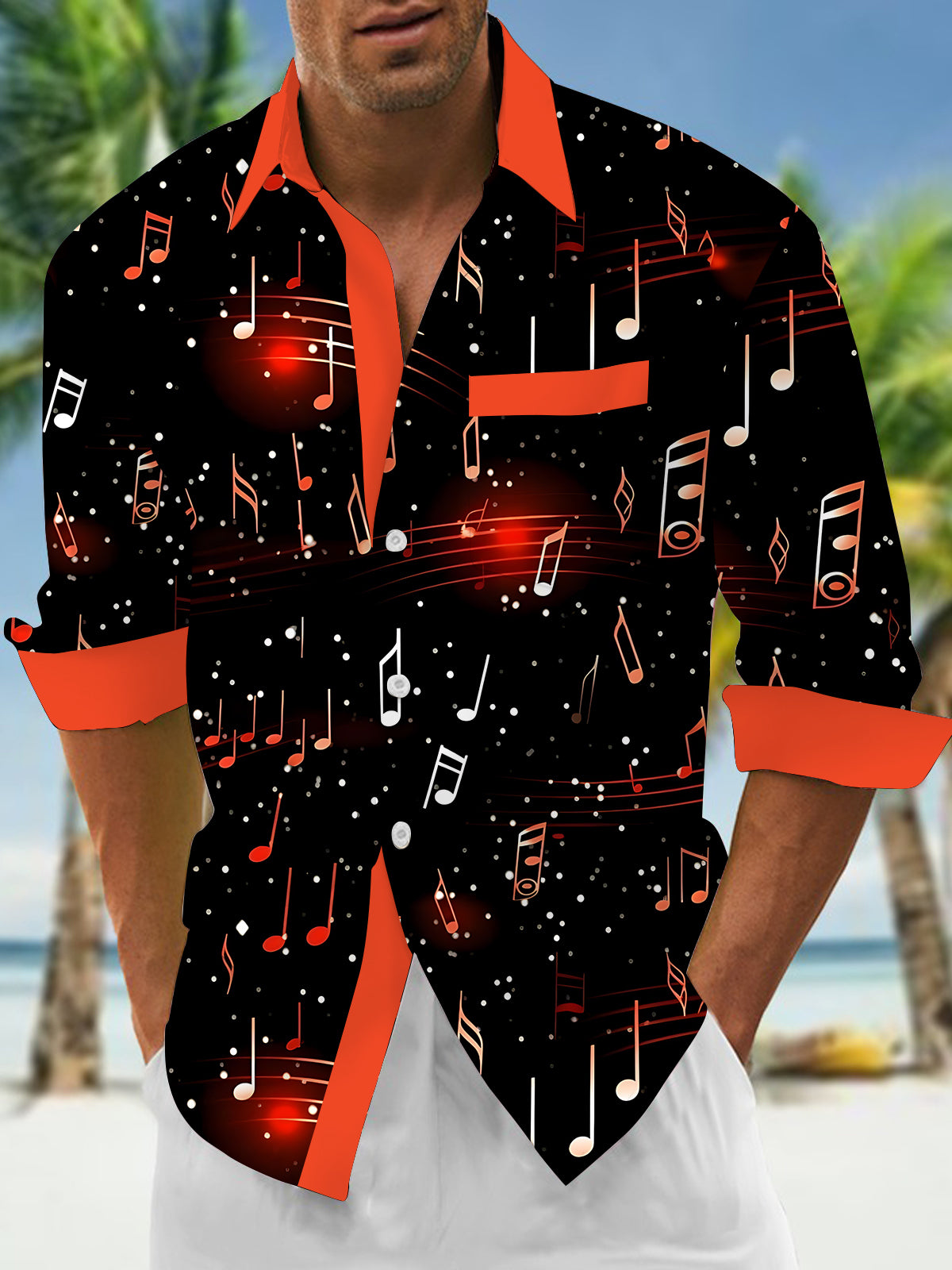 Music Note Art Print Men's Pocket Long Sleeve Shirts