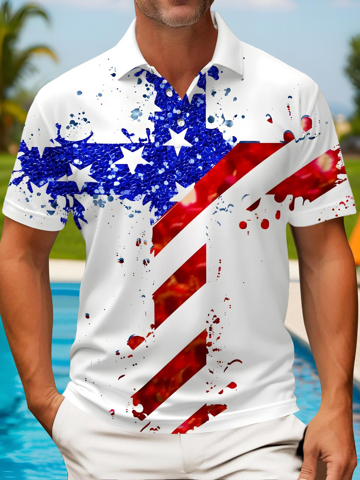 Independence Day Men's Short Sleeve Button Polo Shirt