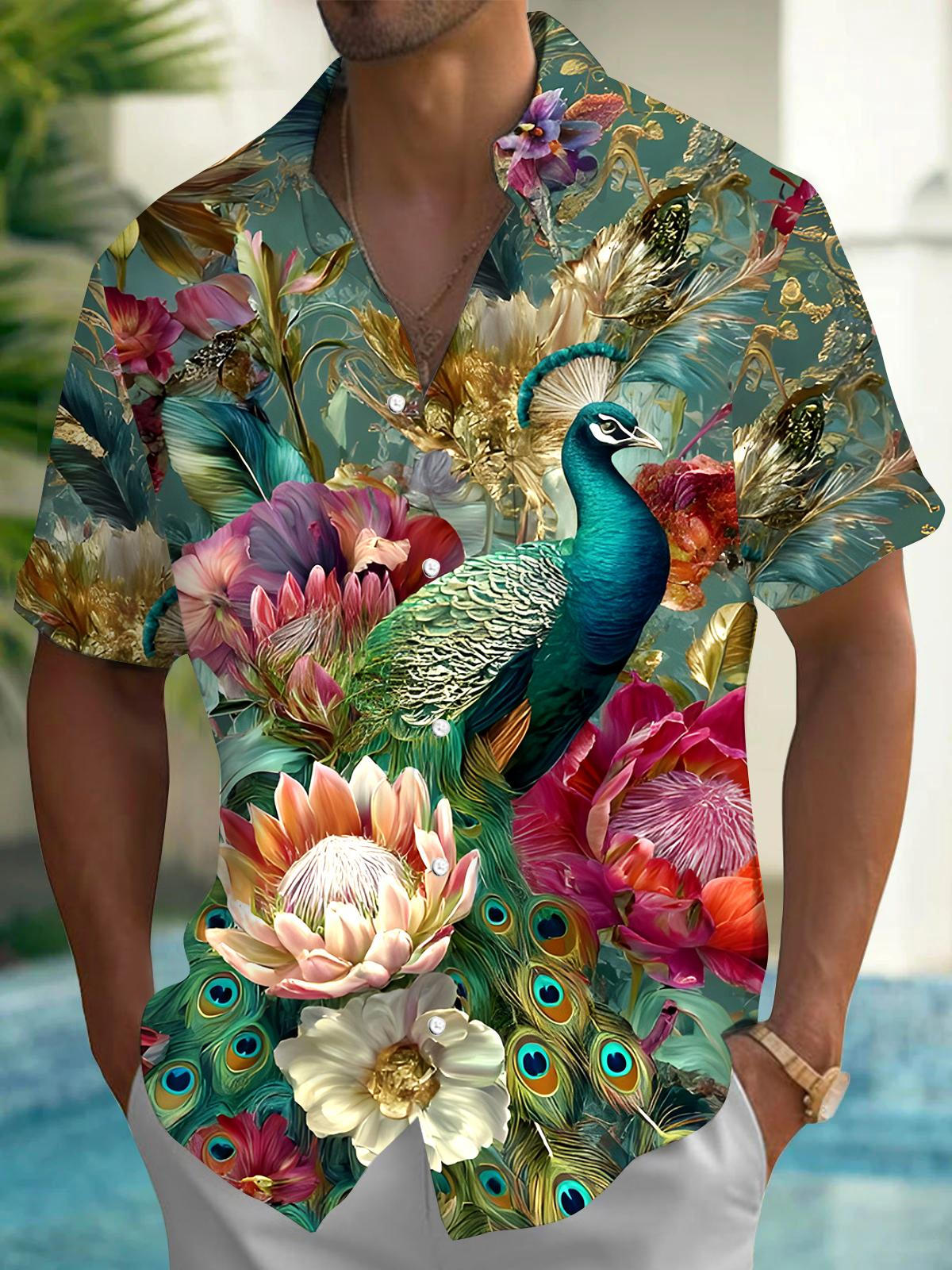 Peacock Floral Men's Pocket Short Sleeve Shirts