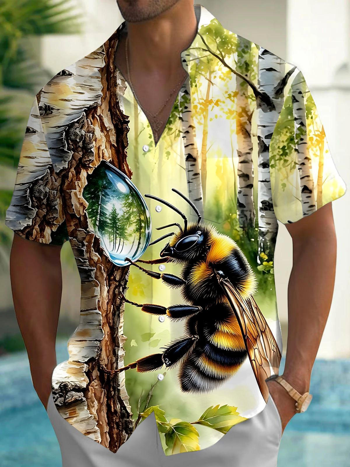 Bee Print Men's Pocket Short Sleeve Shirts