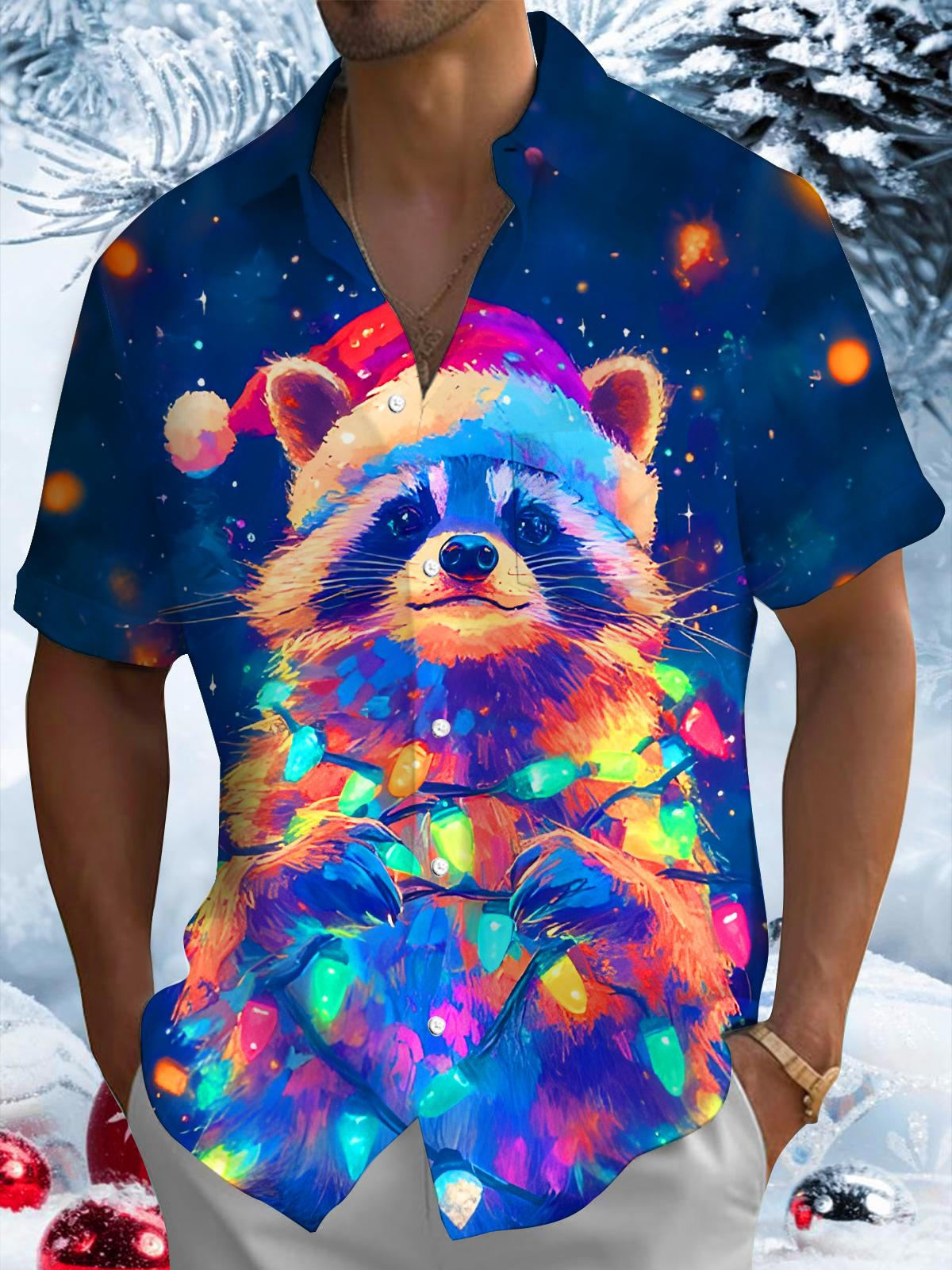 Funny Christmas Lights Raccoon Xmas Men's Pocket Short Sleeve Shirts