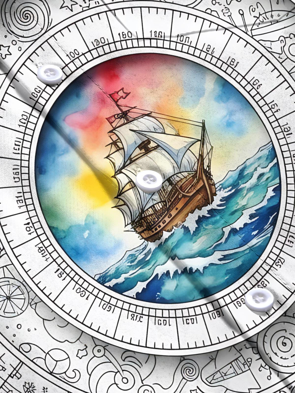 Sailboat Compass Print Men's Pocket Short Sleeve Shirts