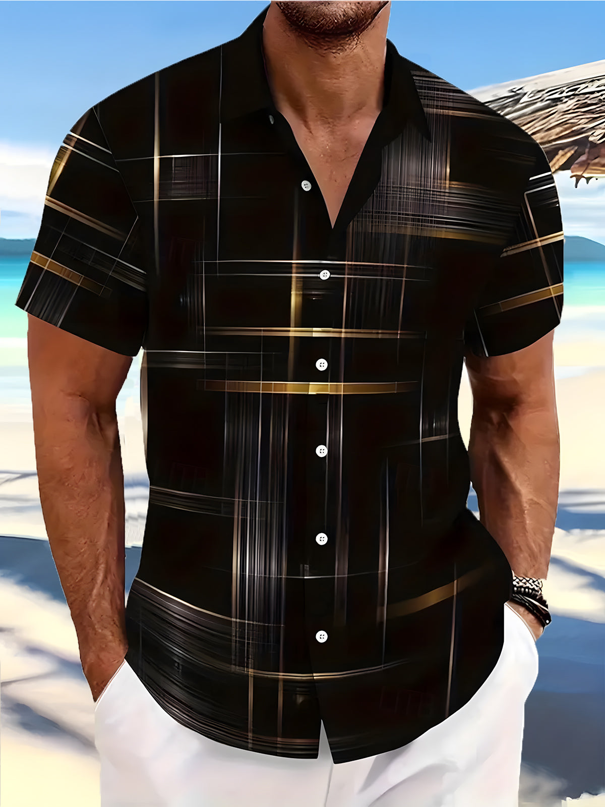 Geometric Plaid Print Men's Pocket Short Sleeve Shirts