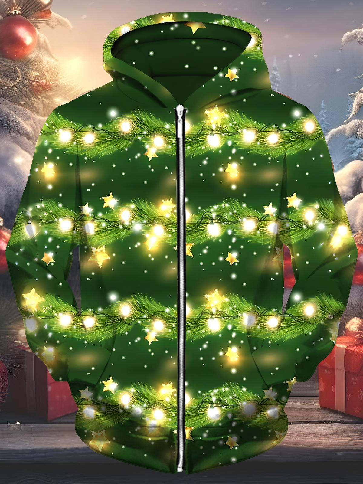 Christmas Light String Men's Pocket Long Sleeve Zip Up Hoodies