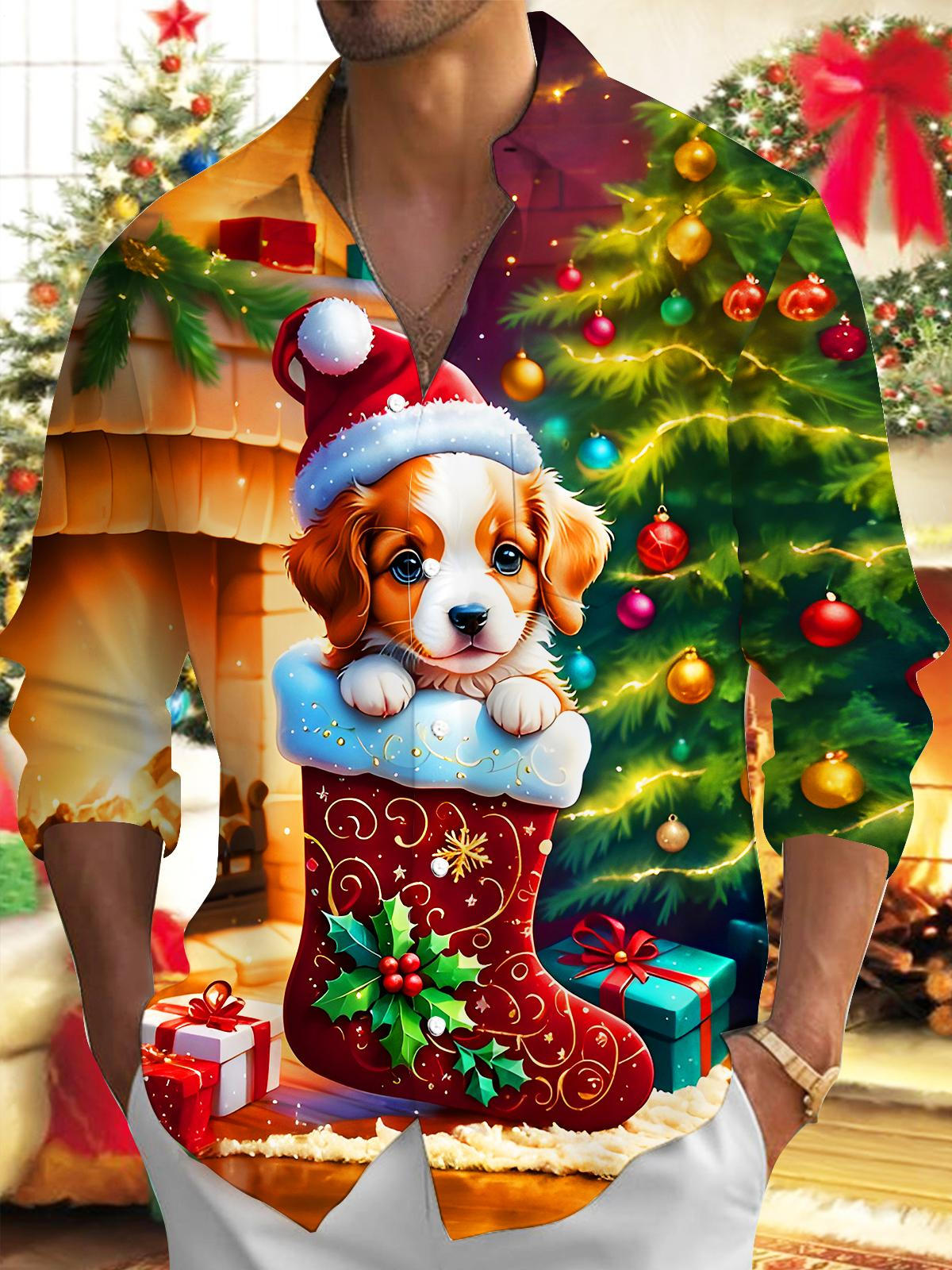 Funny Puppy Christmas Stocking Xmas Men's Pocket Long Sleeve Shirts