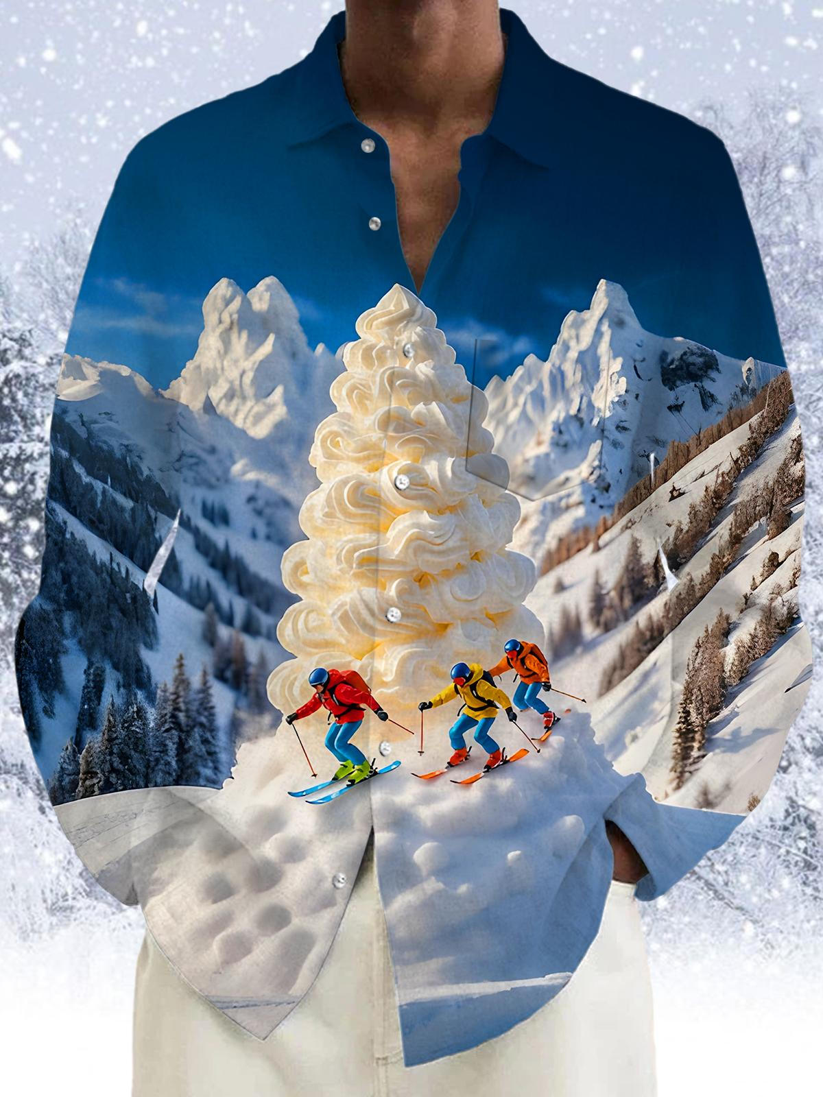 Fun Skiing Creamy Snow-covered Mountain Men's Pocket Long Sleeve Shirts