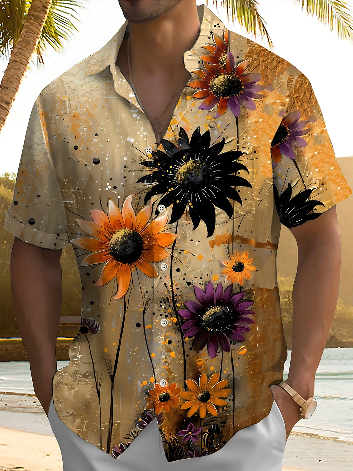 Sunflower Print Men's Pocket Short Sleeve Shirts