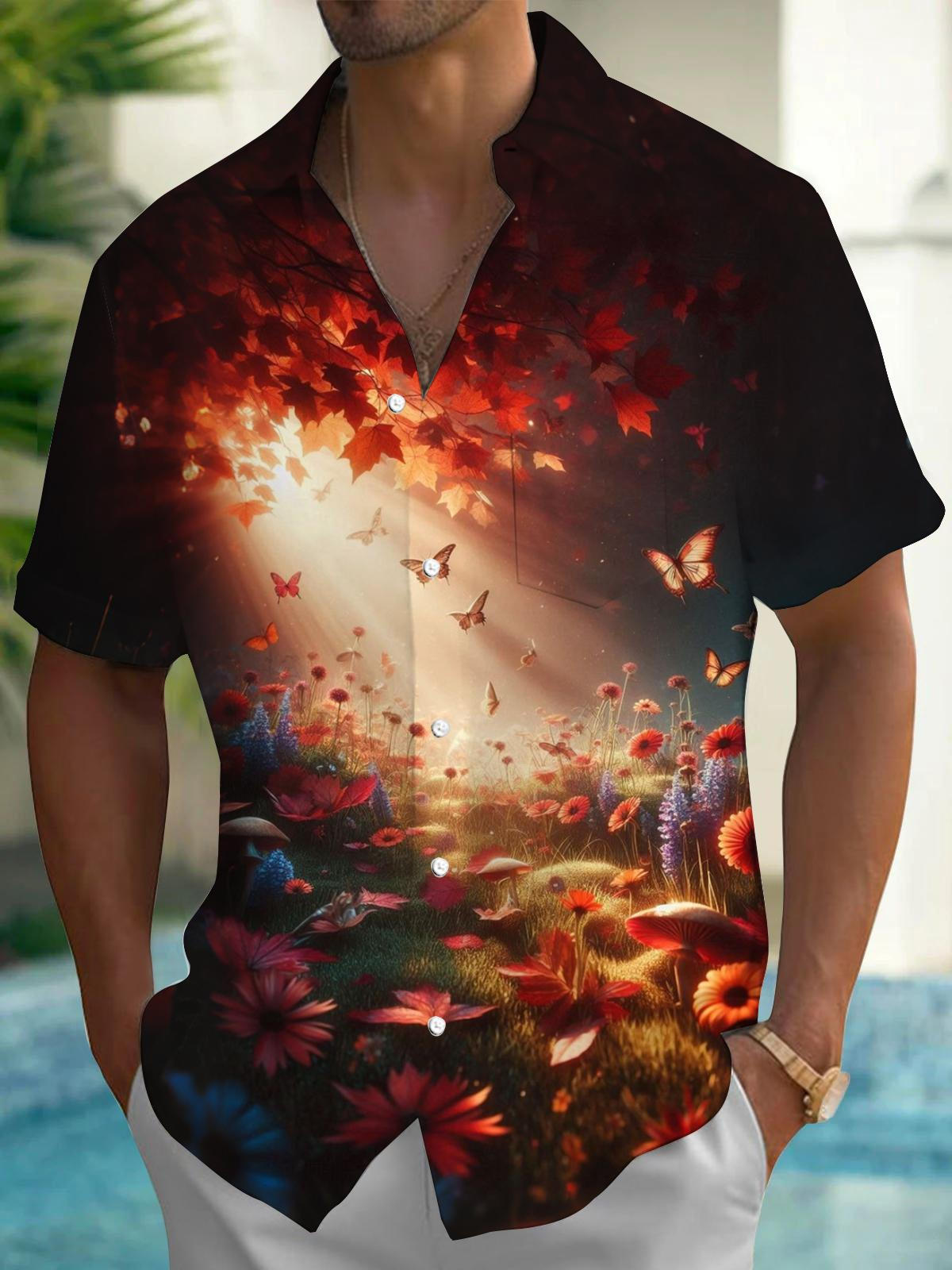 Plant Butterfly Print Men's Pocket Short Sleeve Shirts
