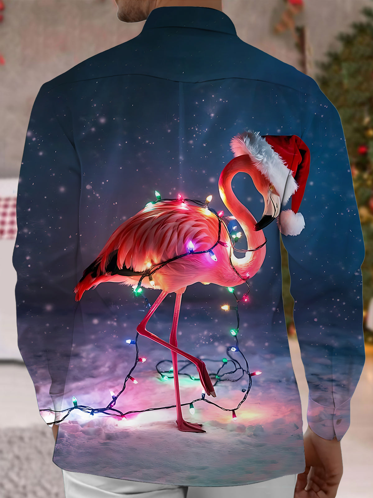 Christmas Flamingo Print Men's Pocket Long Sleeve Shirts