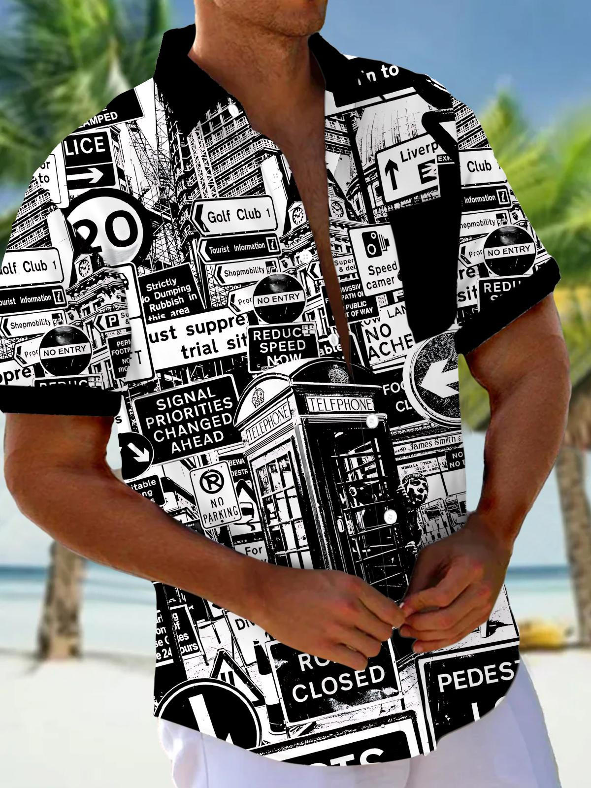 Signpost Print Men's Pocket Short Sleeve Shirts