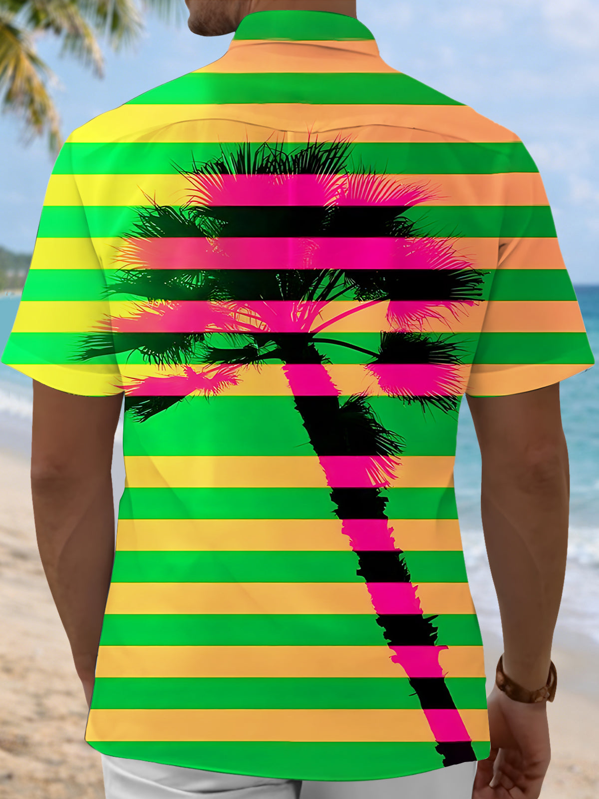 Coconut Tree Stripe Print Men's Pocket Short Sleeve Shirts