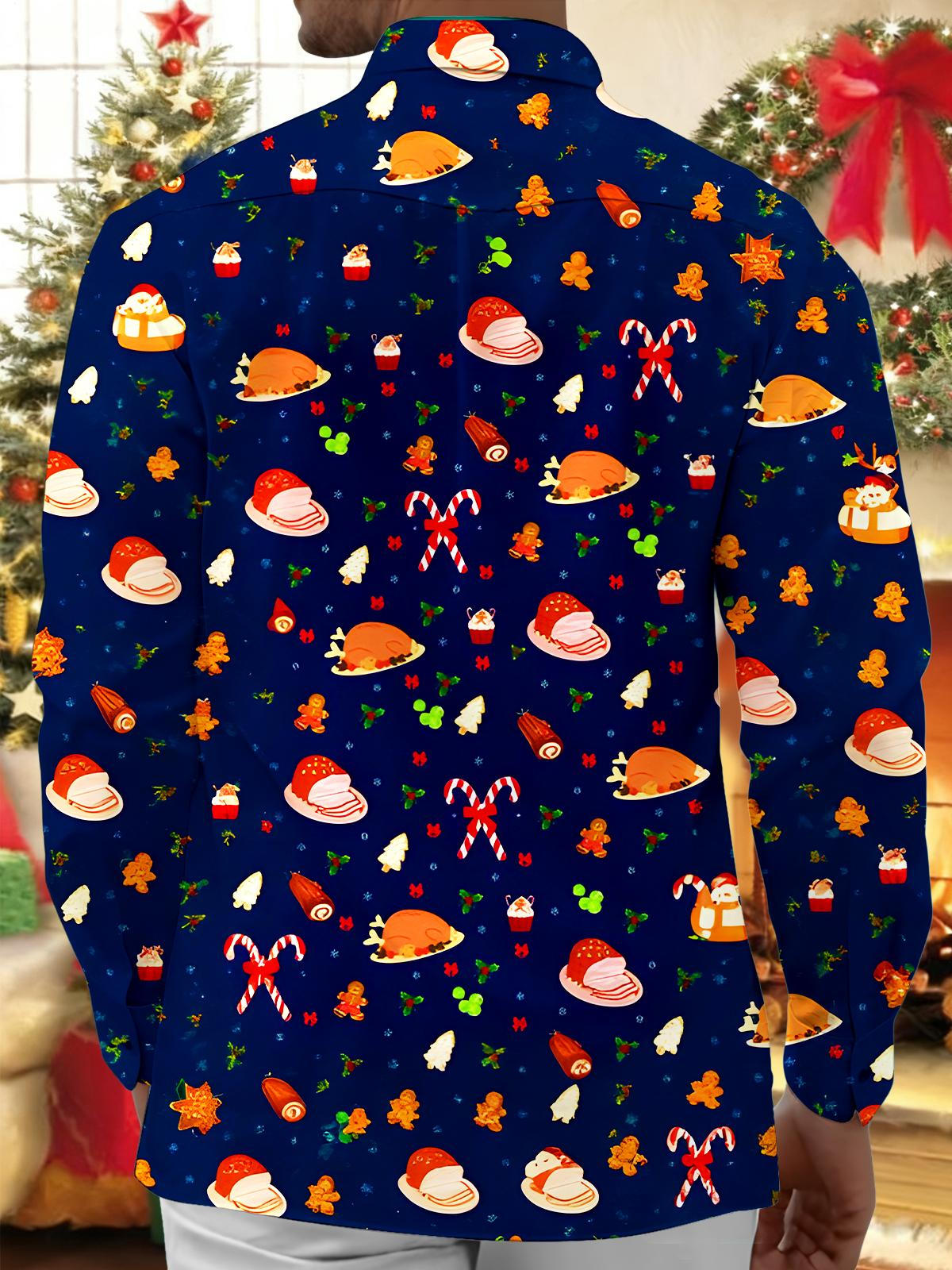 Fun Christmas Turkey Gingerbread Man Xmas Men's Pocket Long Sleeve Shirts