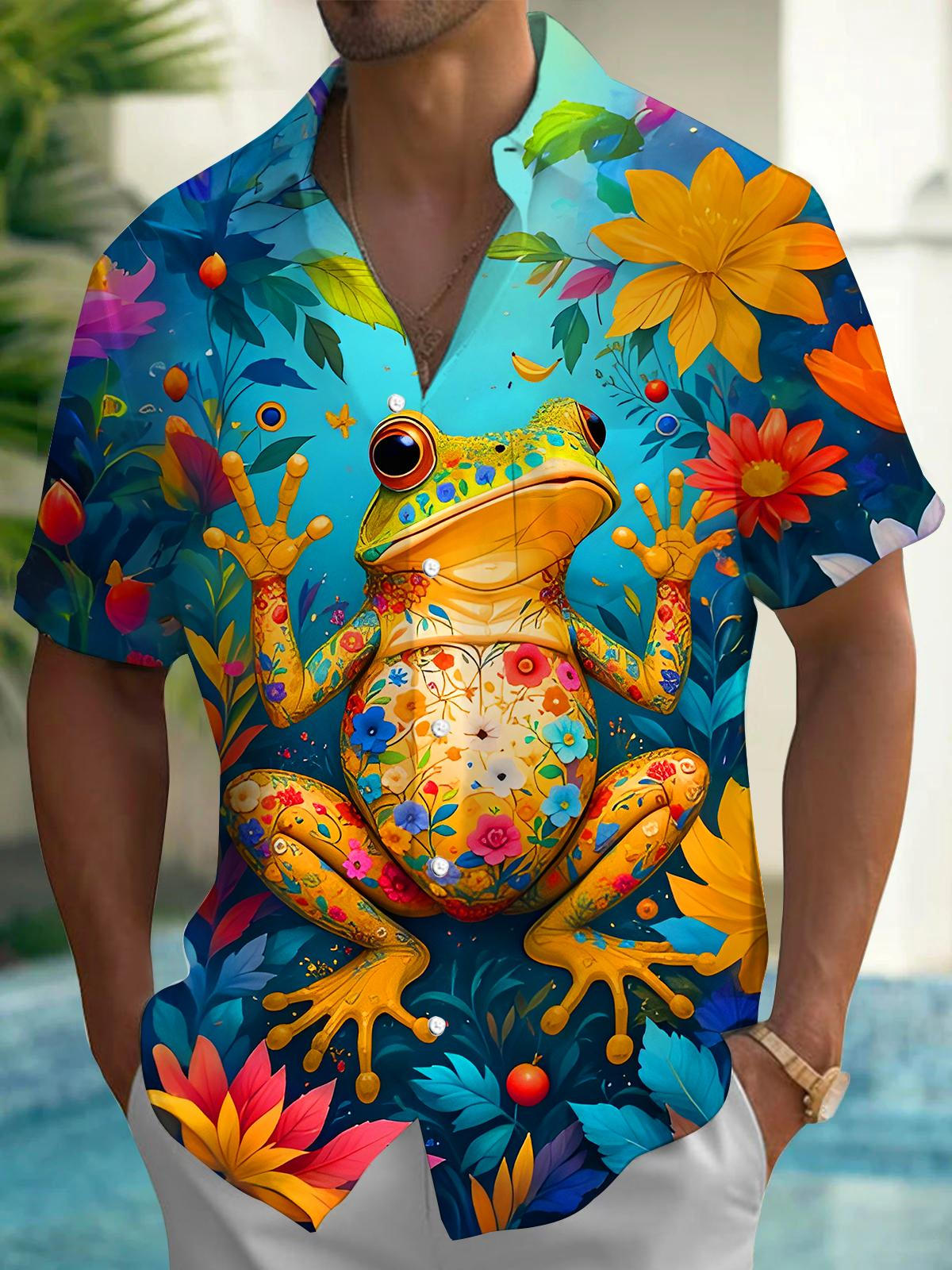 Funny Colorful Frog Floral Men's Pocket Short Sleeve Shirts