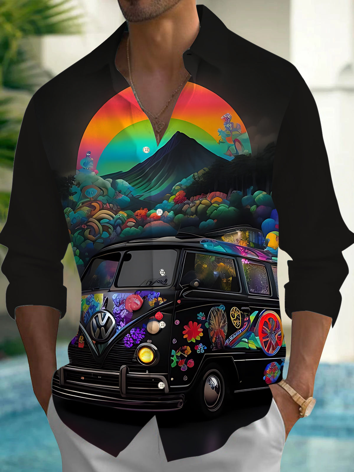 Car Print Men's Pocket Long Sleeve Shirts