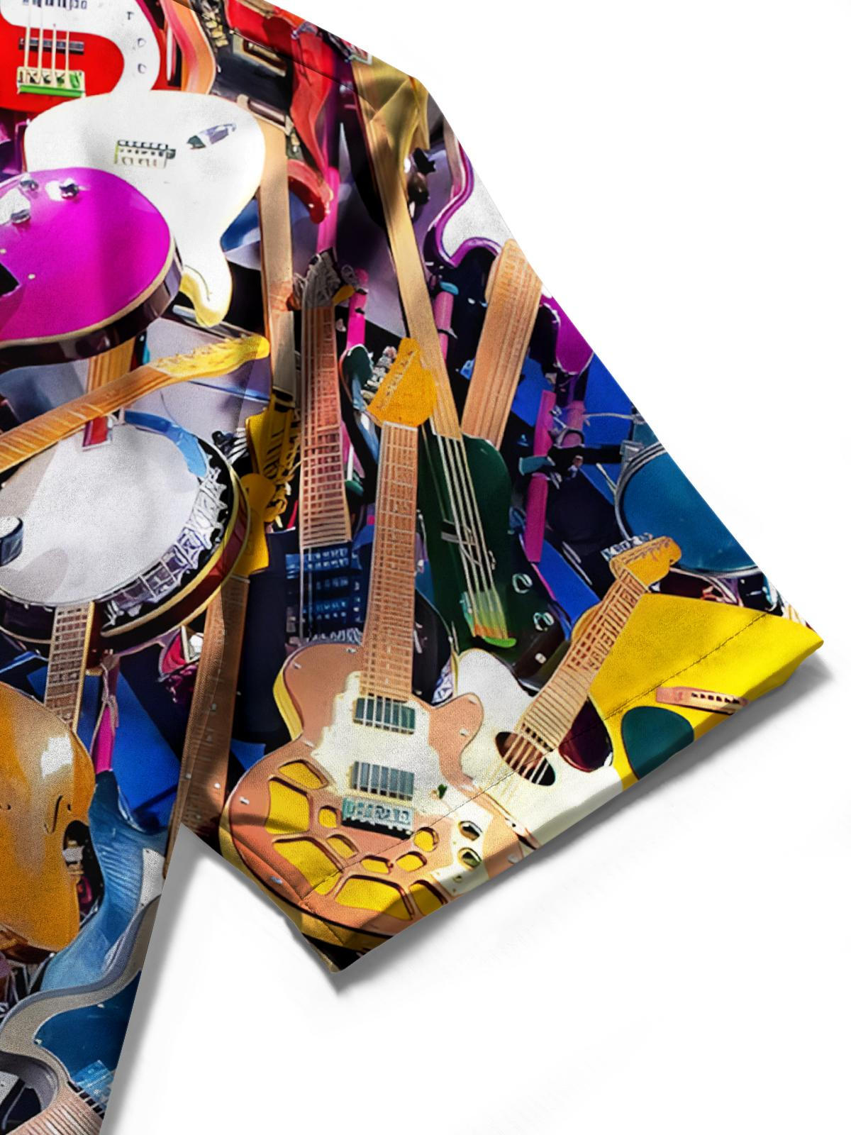 Musical Instrument Print Men's Pocket Short Sleeve Shirts