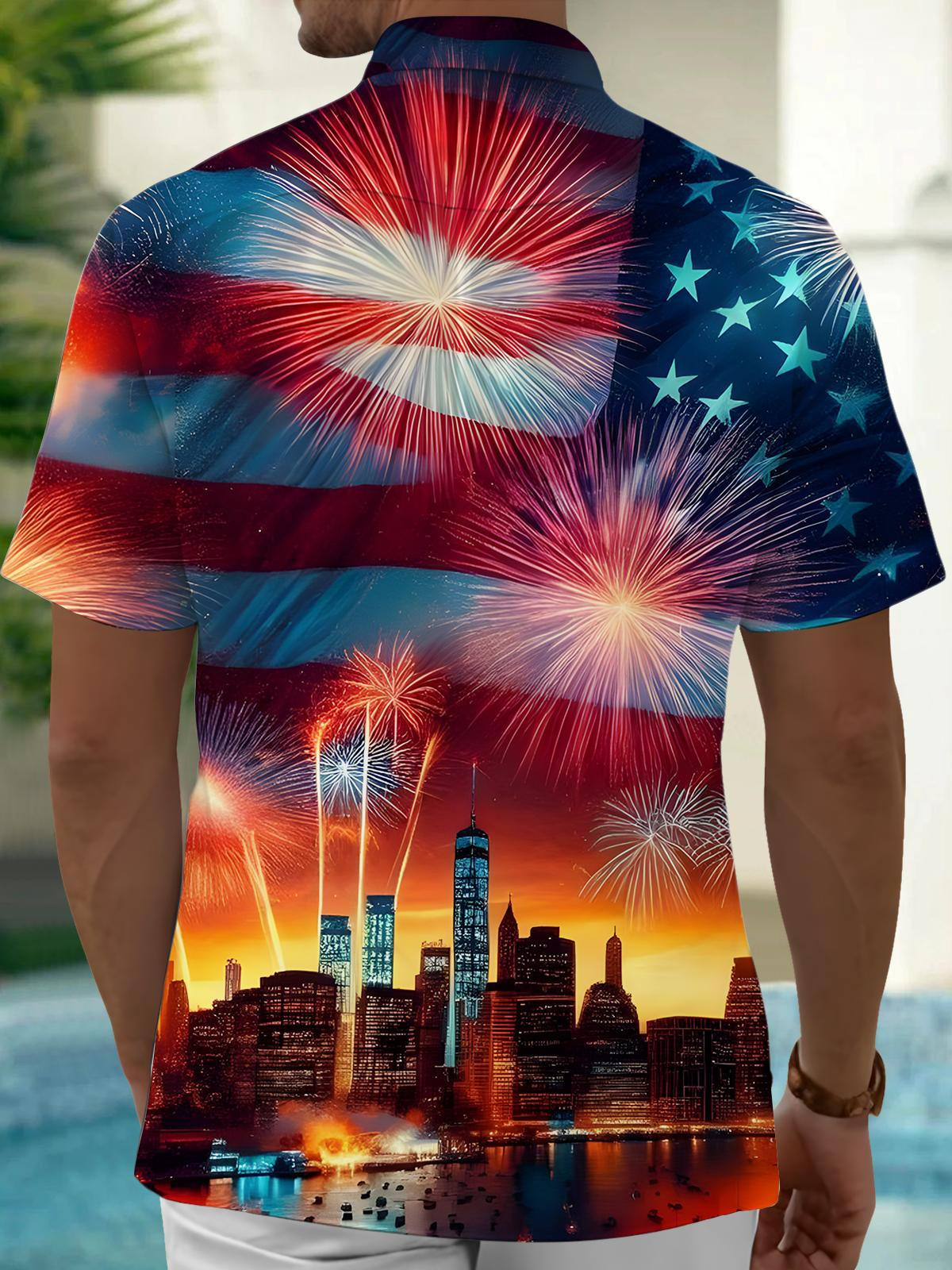 American Flag Independence Day Fireworks Night View Print Men's Pocket Short Sleeve Shirts