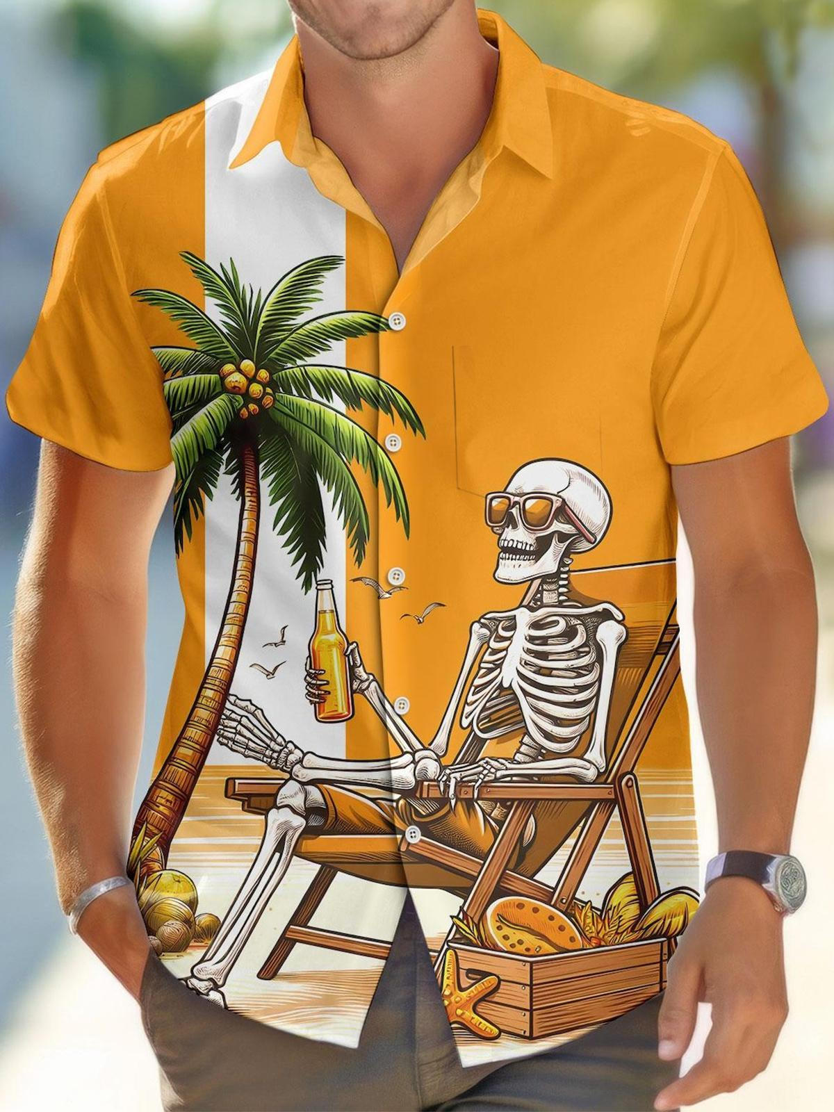 Hawaiian Coconut Tree Skull Print Men's Pocket Short Sleeve Shirts
