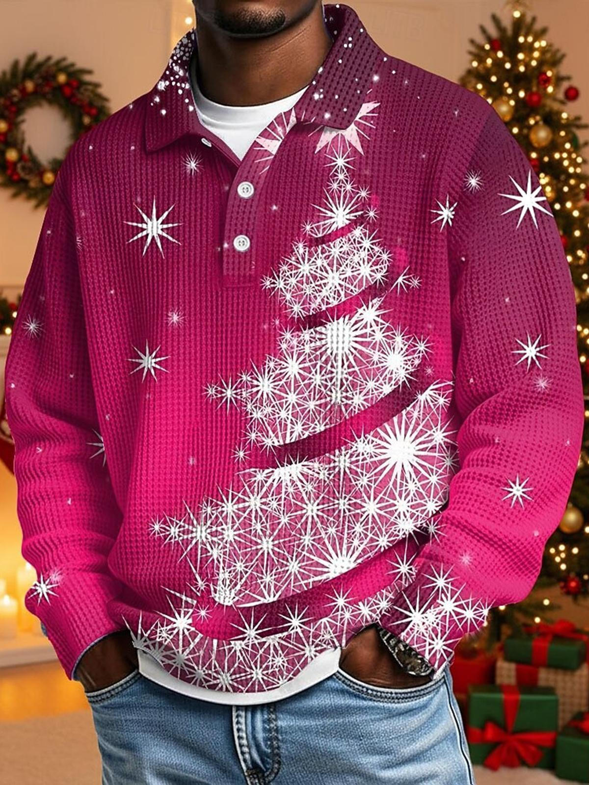 Christmas Tree Print Men's Long Sleeve Button Polo